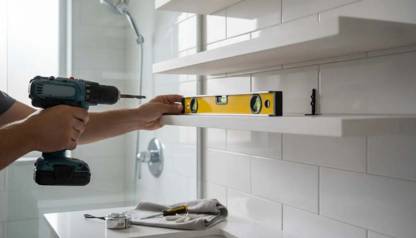 Nærbillede af montering af tre hvide hylder på en flisevæg i badeværelset med boremaskine og vaterpas.