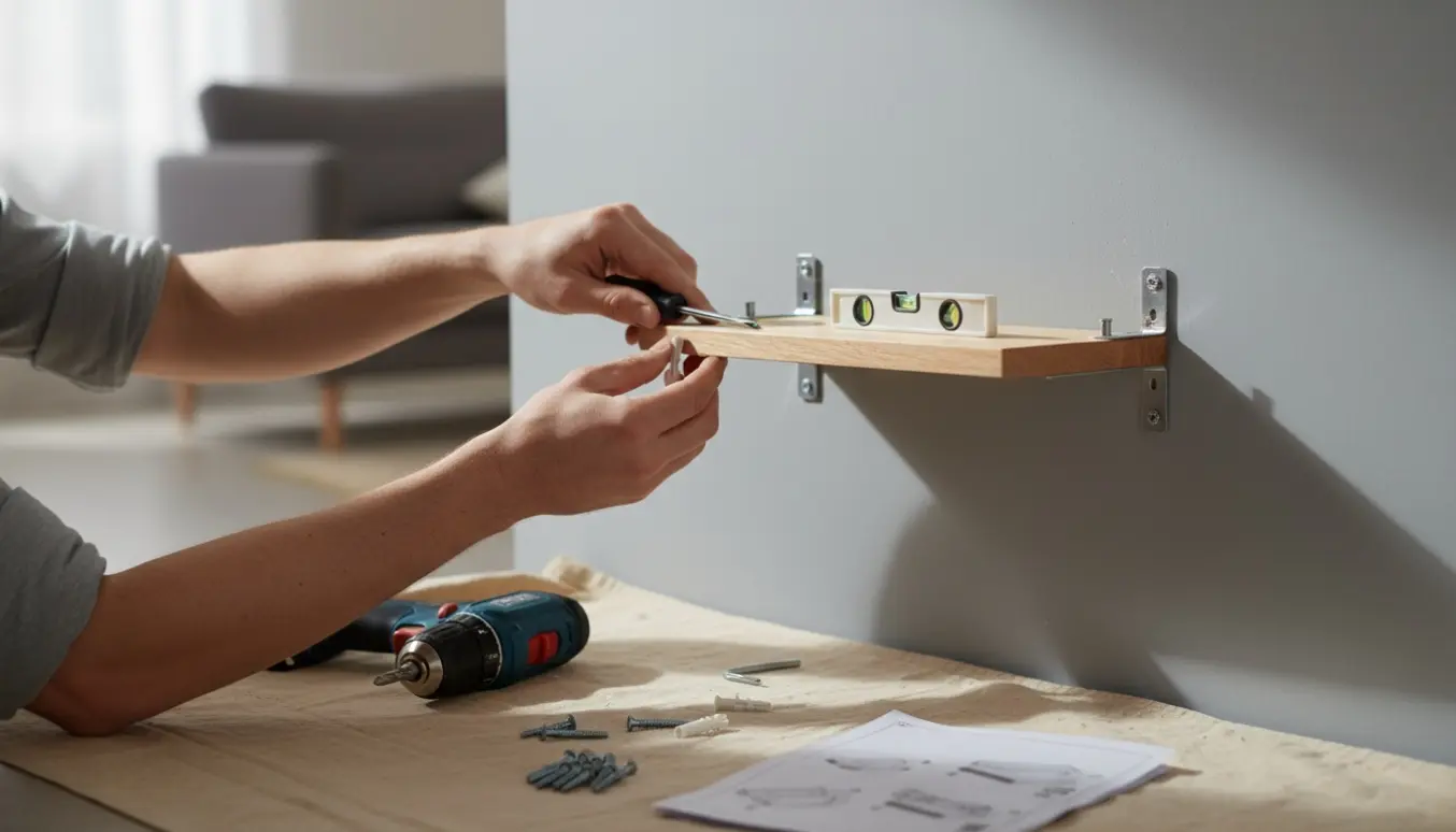 Nærbillede af hænder, der monterer en lille IKEA-reol på væg med rawlplugs og skruer.