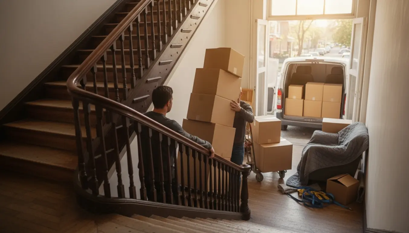 Flyttefolk bærer flyttekasser ned ad en trappe uden elevator med en flyttevogn ventende nedenfor.