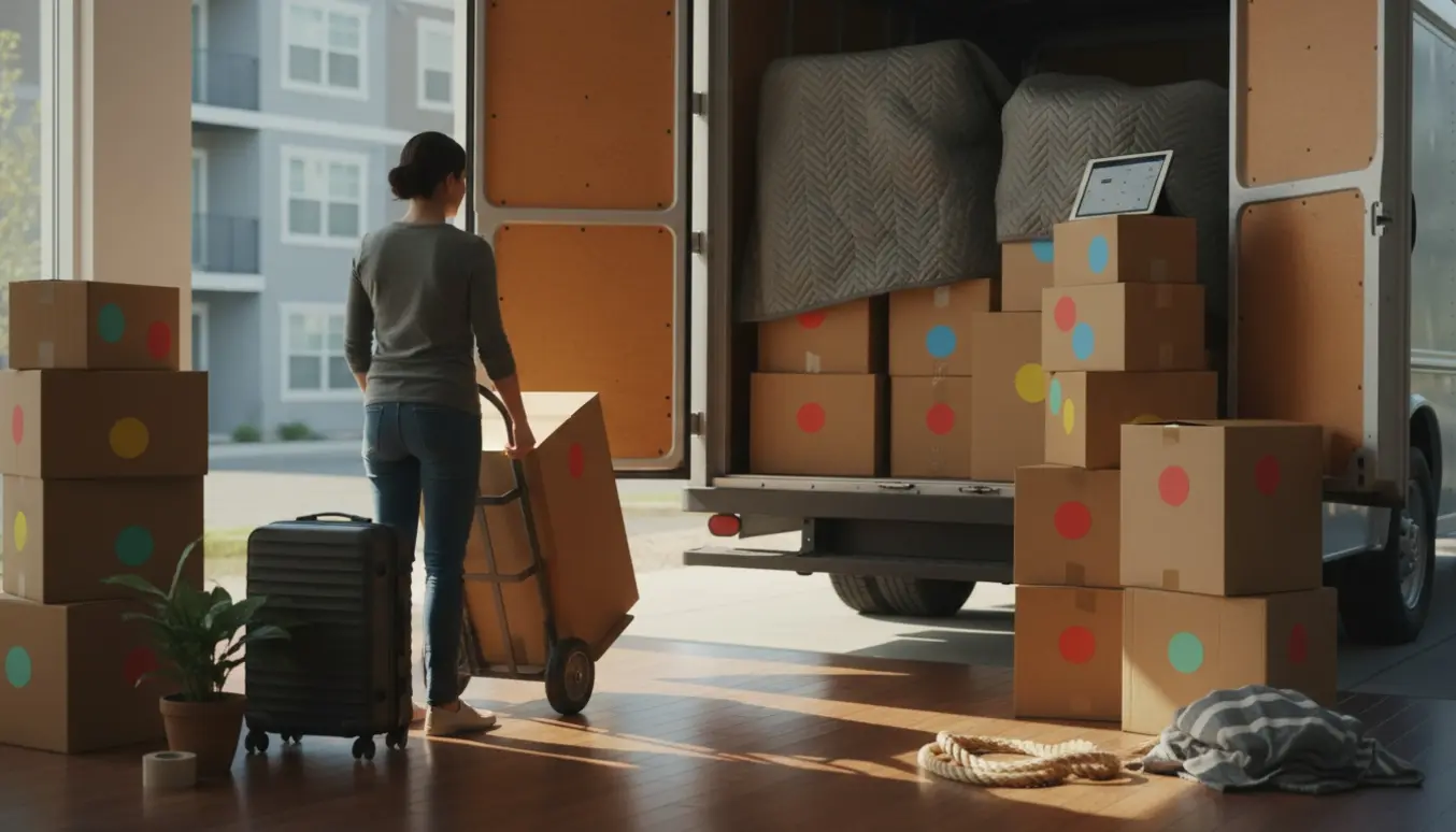 Kvinde set bagfra pakker flyttekasser foran en åben flyttebil i blødt morgenlys.