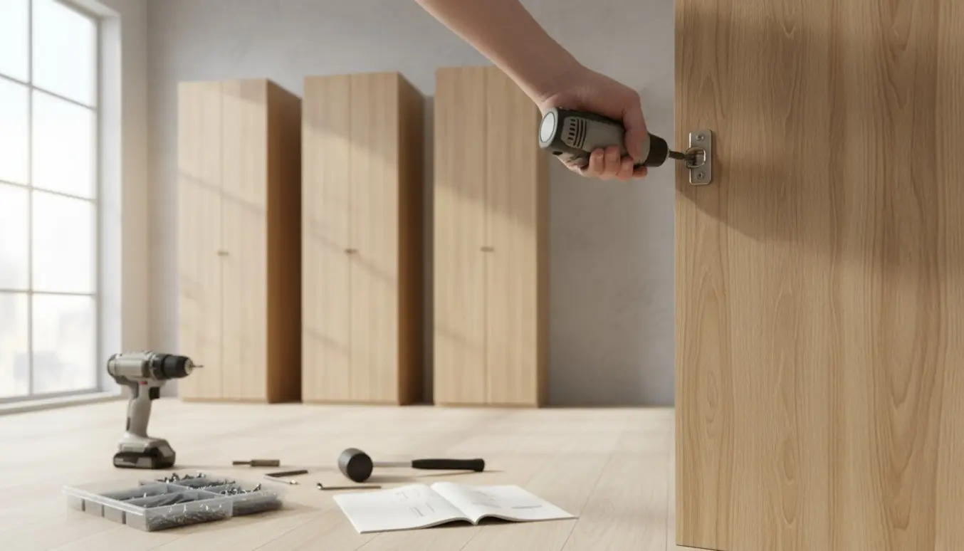 Hænder monterer hængsler på et skab med fire døre i et lyst rum med værktøj ved siden af.