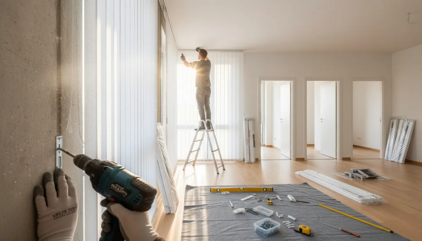En person monterer lamelgardiner i en lys lejlighed og borer i en betonvæg med værktøj og gardinlameller ved siden af.
