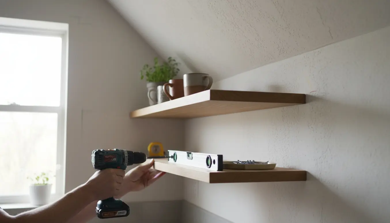 Nærbillede af opsætning af to svævehylder under en skrå væg i et lyst, moderne køkken med værktøj og hænder synlige.
