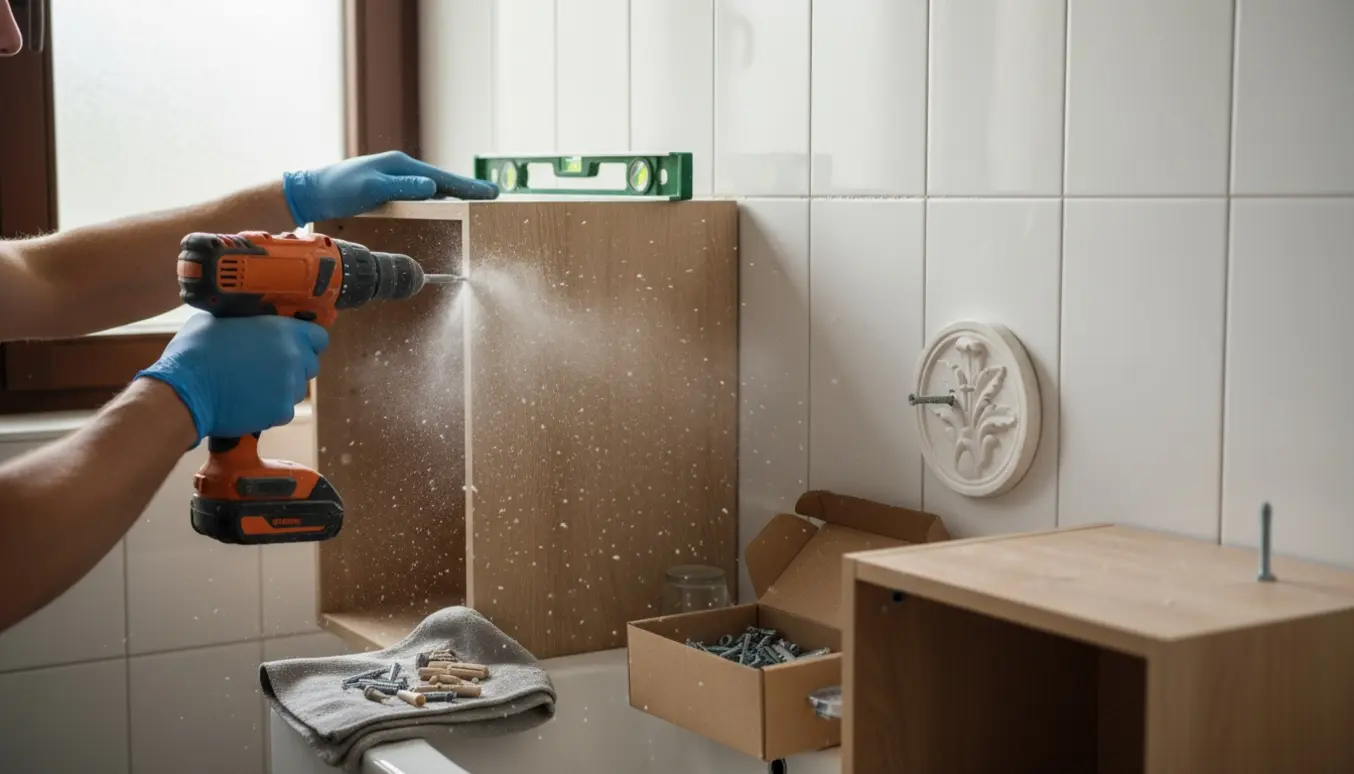 Nærbillede af hænder, der borer i flisefuge for at montere et badeværelsesskab med værktøj i forgrunden.