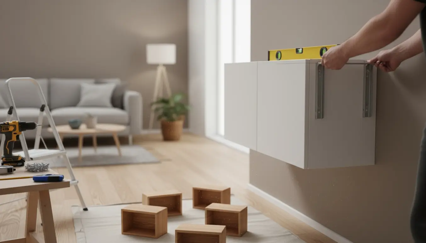 Hænder monterer et skab og seks små kasser på en neutral væg med boremaskine og vaterpas.