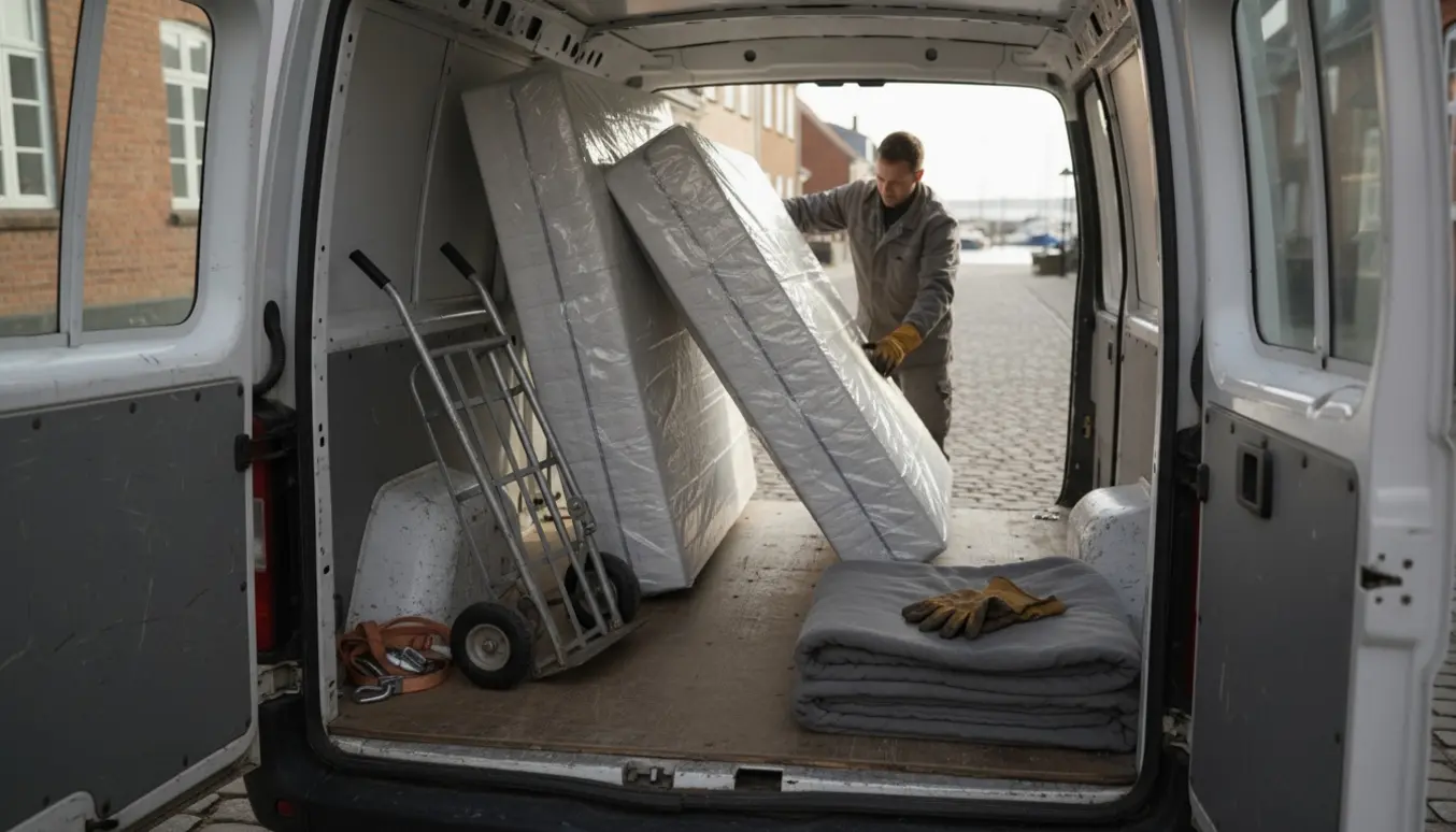 To boxmadrasser læsses i en varevogn på en stille gade i en dansk havneby.