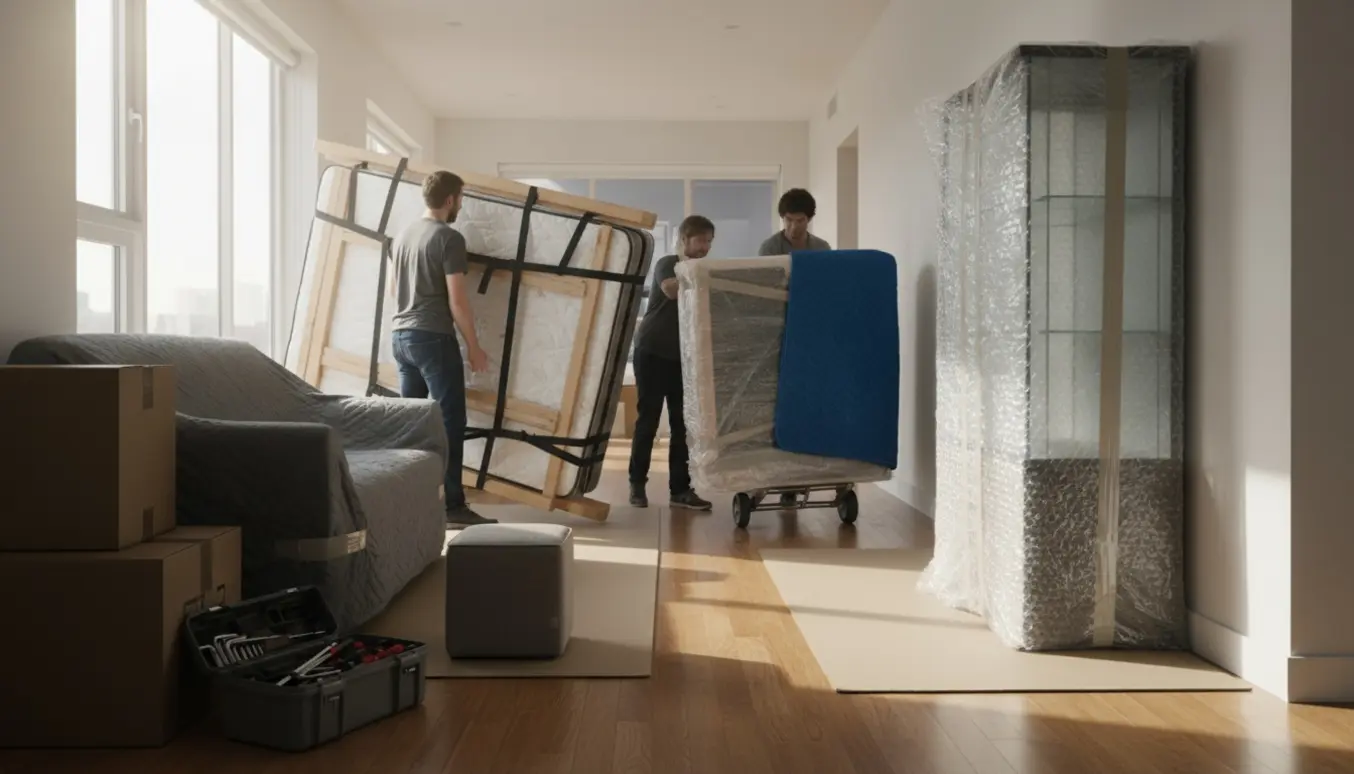 Flytning i en lys lejlighed med folk der bærer tungt møbel og ruller et tv-møbel på dolly, ansigter er ikke synlige.