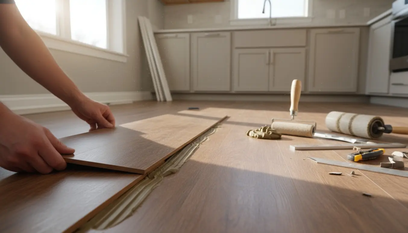 Nærbillede af vinylgulv, hvor hænder monterer planker i et køkken med værktøj og ruller ved siden af.