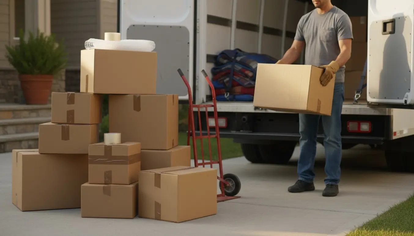 Stak på omkring 10–12 flyttekasser ved en åben flyttevogn med en sækkevogn og hænder i arbejde uden synlige ansigter.