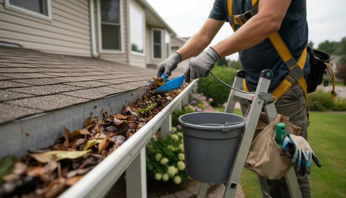 En arbejder ved stige renser tagrenden på et to-etagers hus med handsker, skovl og spand.