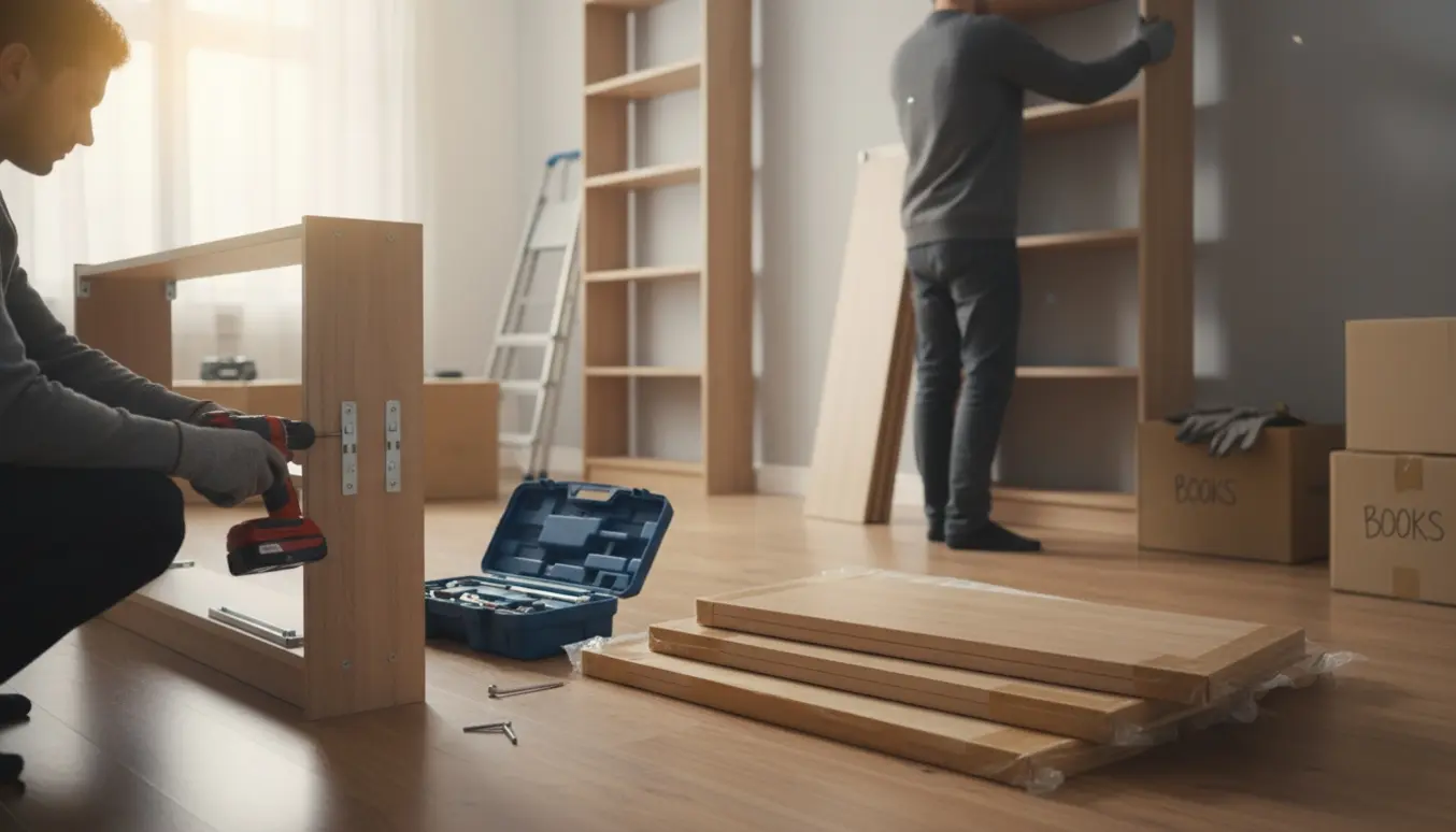 Hænder og værktøj ved nedtagning og adskillelse af flere bogreoler i en lys stue.