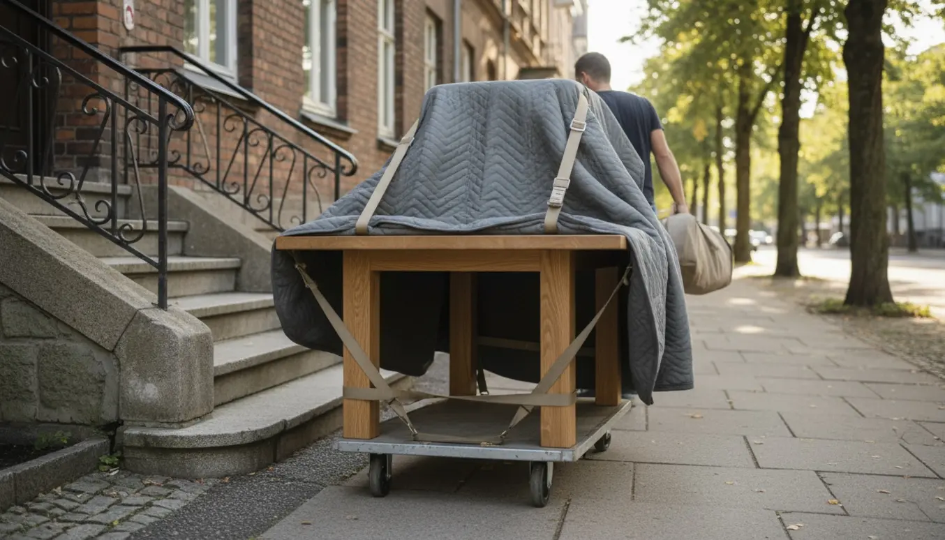 To personer bærer en adskilt træspisebordplade og løse ben op ad en trappe ved en boligopgang.
