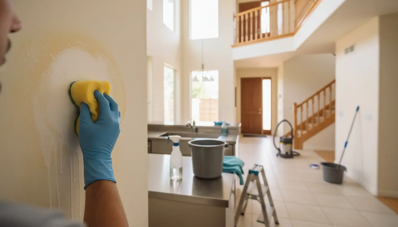 Person i handsker vasker nikotin af en væg med svamp i et lyst køkken, med spand, støvsuger og moppe i baggrunden.