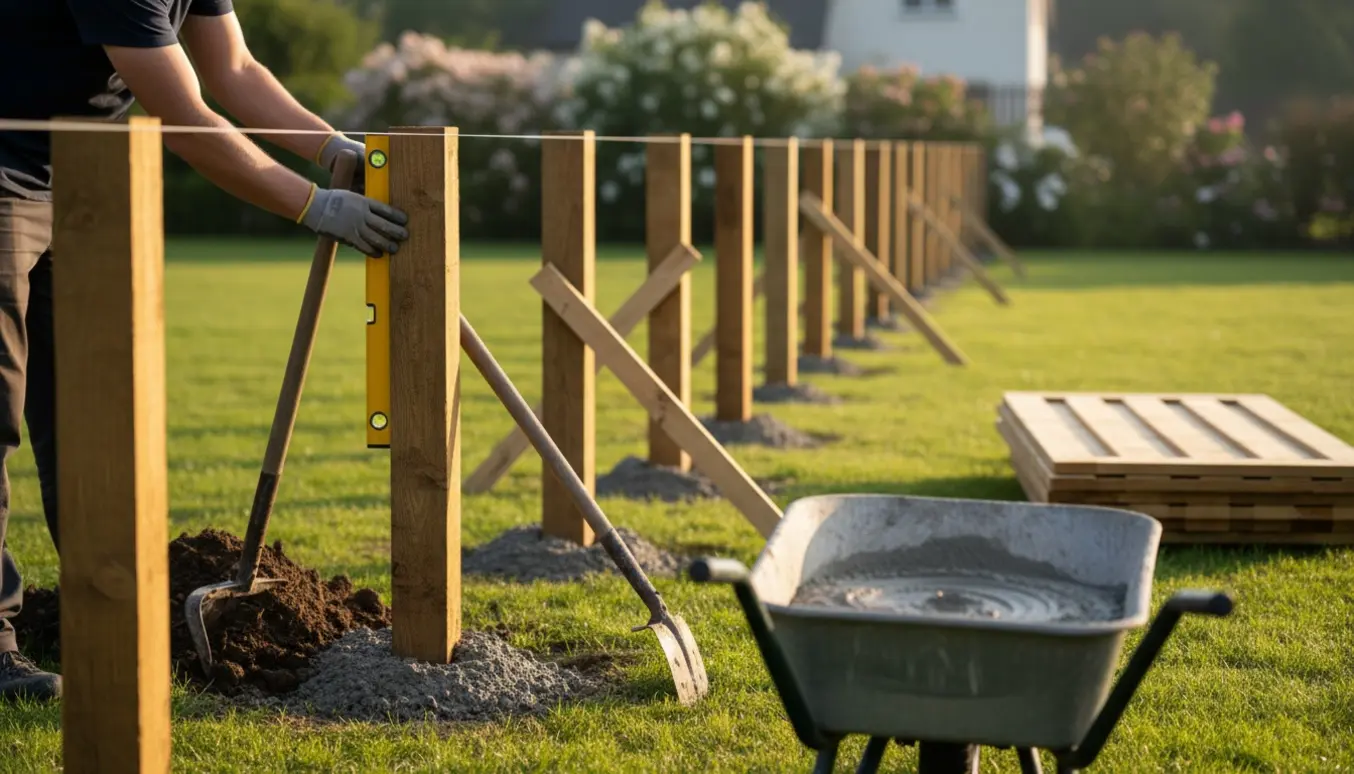 Langt hegn under opsætning i en have med stolper, værktøj og opgravet jord i blødt morgenlys.