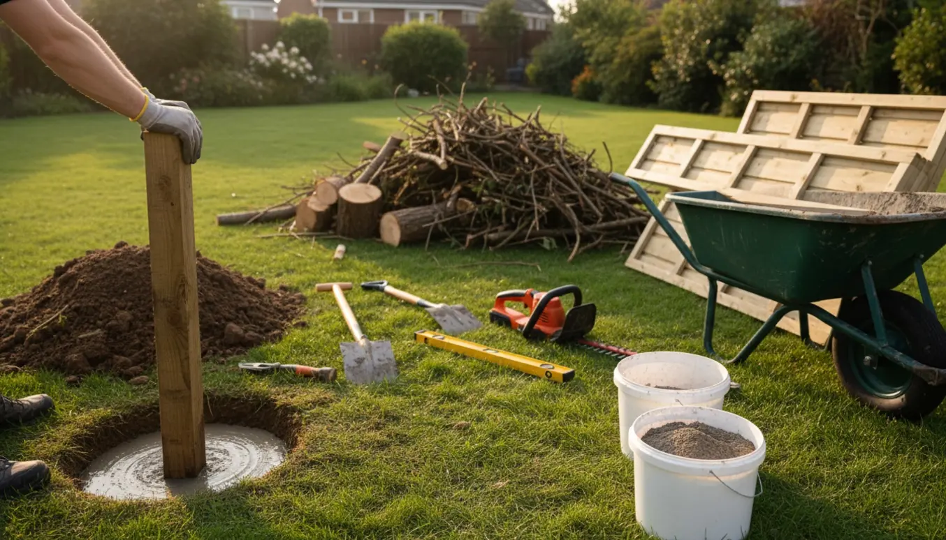 Montering af modulhegn i en have med fjernet hæk, gravede huller og værktøj.