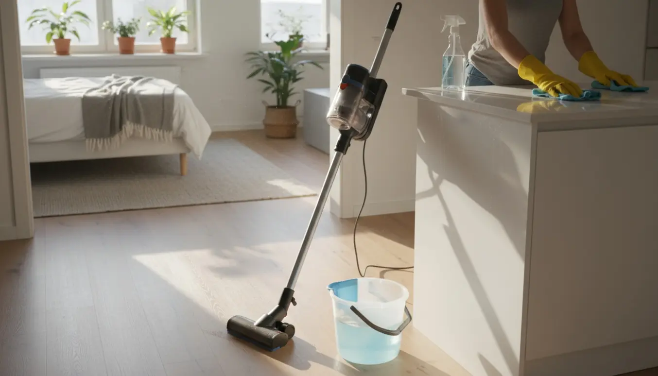 Soloplyst 60 m² lejlighed under rengøring med moppe, støvsuger og klud.