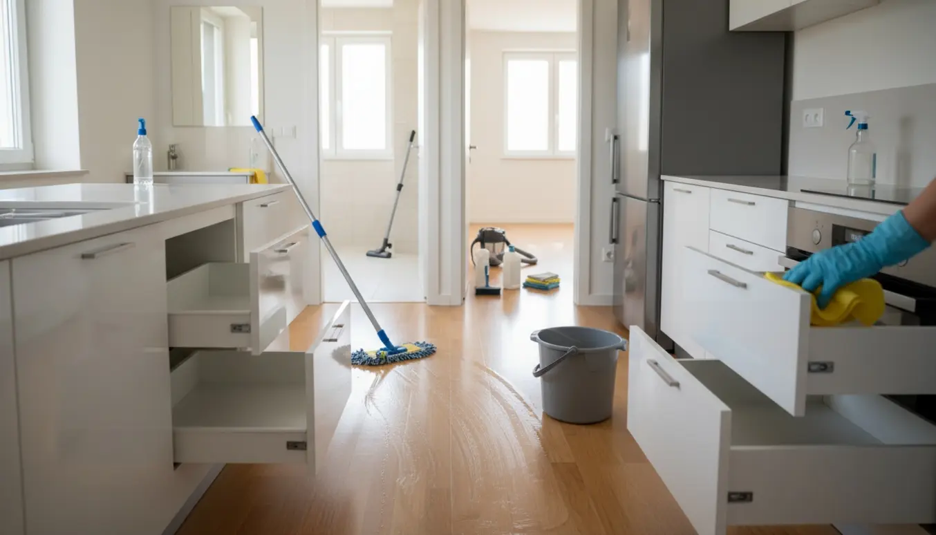 Grundig flytterengøring i en lys lejlighed med åbne skabe, moppe og handsker.