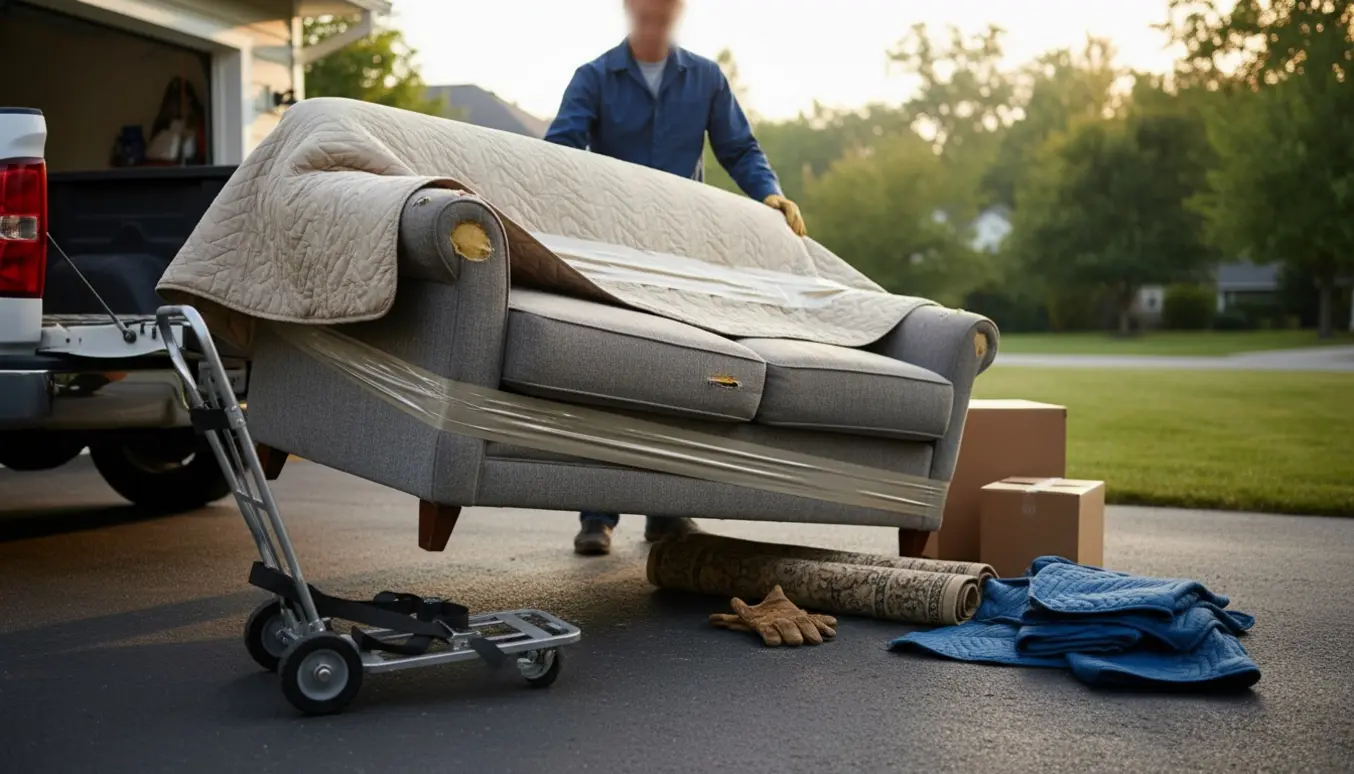 Et slidt gråt sofa bliver pakket og løftet ind i en uidentificeret varevogn på en indkørsel, hvor kun hænder og rygge ses.