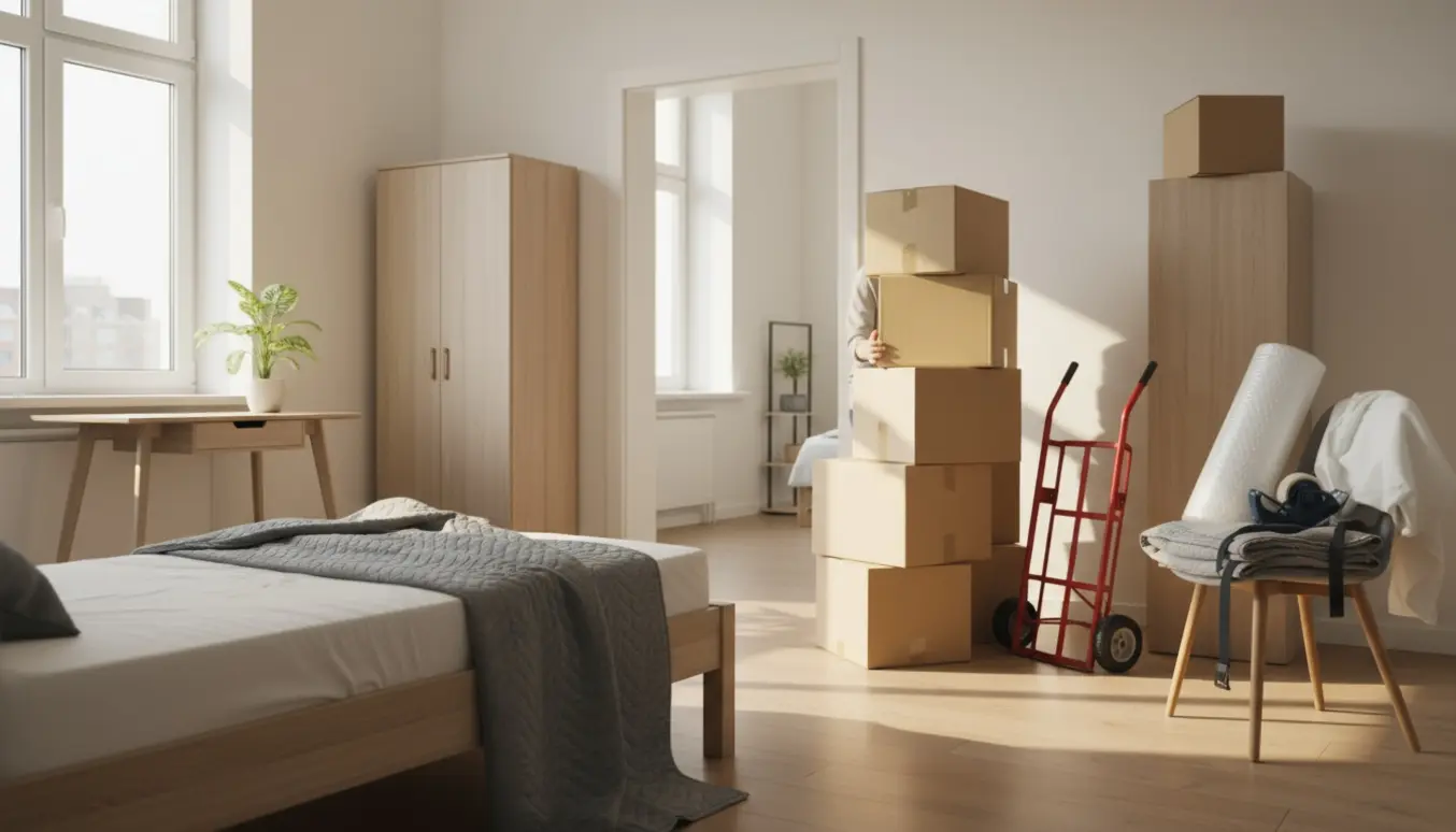 Flyttescene i en lys lejlighed med seng, lille skab, skrivebord, skab og stabler af flyttekasser.