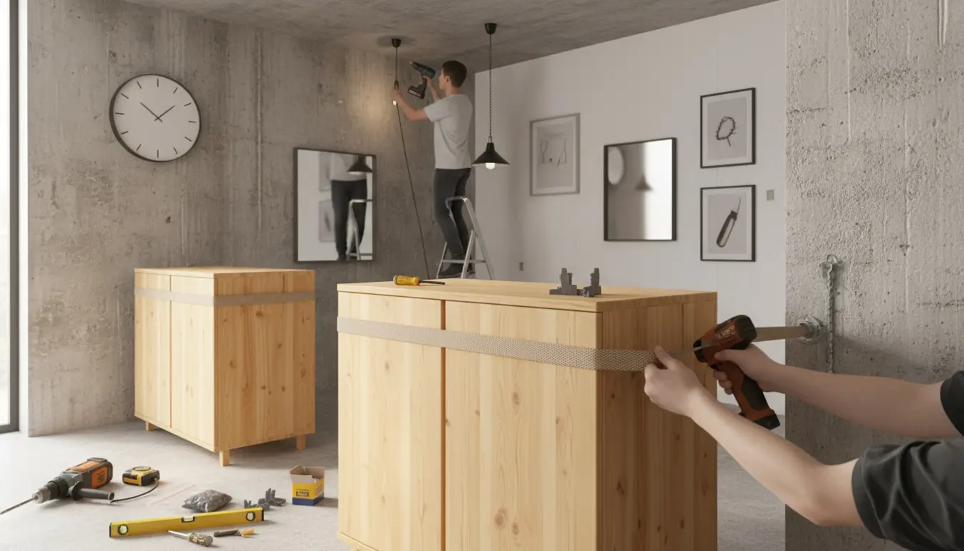Fire træskabe fastgøres til beton- og gipsvæg med sikkerhedsremme, mens værktøj ligger klar og en person på stige monterer en loftslampe.