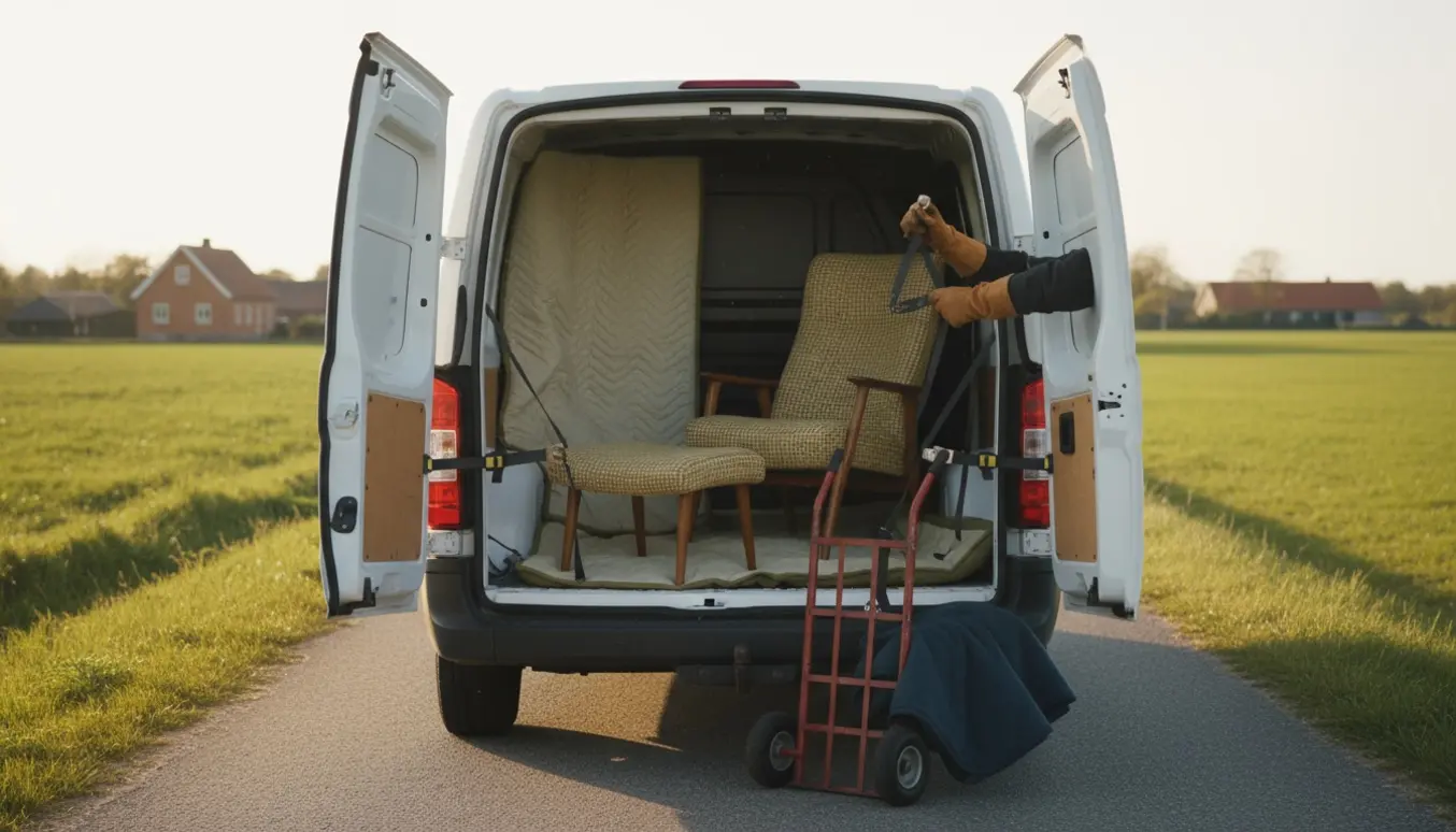 Åben kassevogn med en lænestol og fodskammel sikret med stropper på en landevej ved Solbjerg.