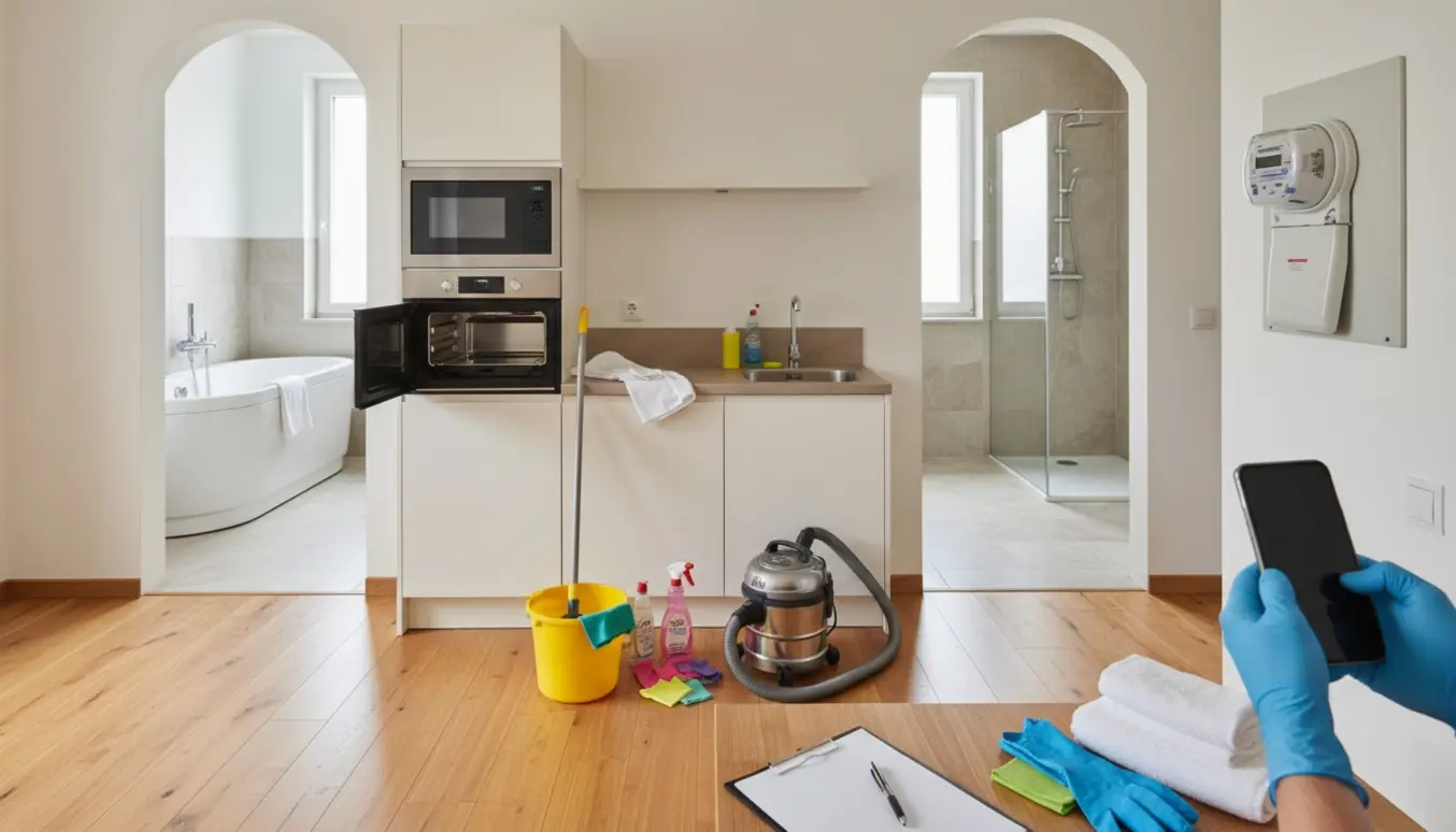 Rengøringsscene i et lyst sommerhus med moppe, støvsuger, åben mikroovn og hånd, der fotograferer elmåler med telefon.