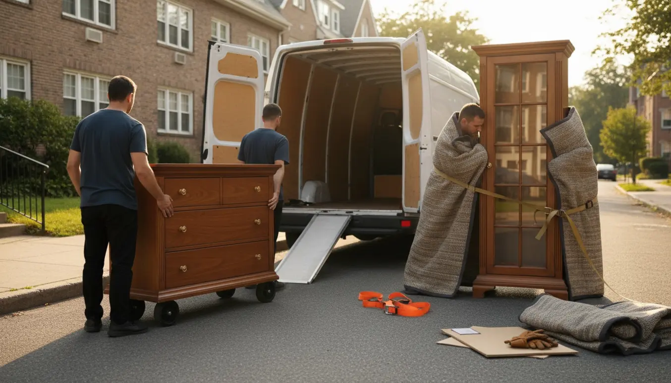 Flyttefolk læsser en kommode og et vitrineskab ind i en varevogn på en stille villavej.