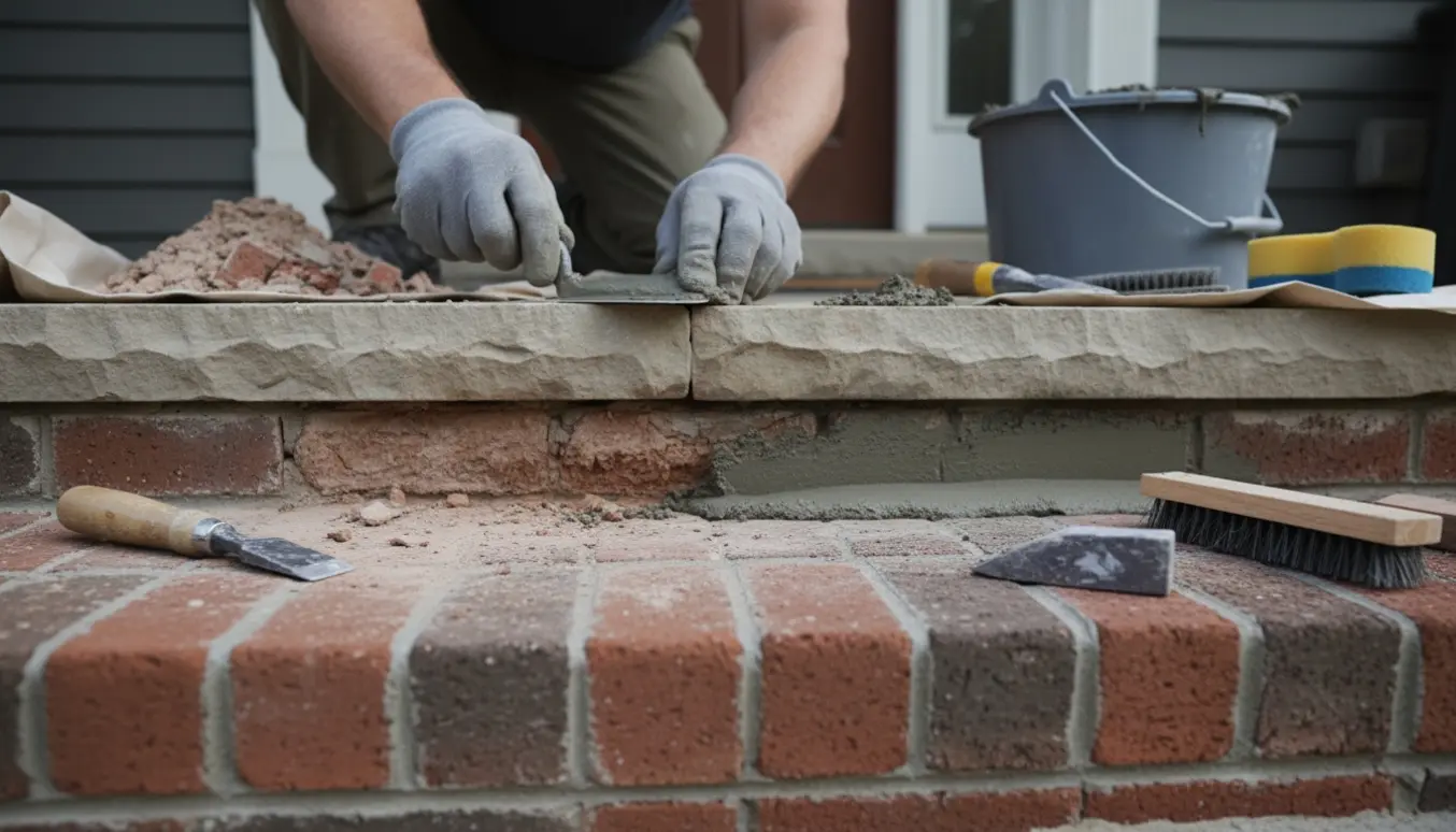 Nærbillede af en murer, der reparerer smuldrende fuger ved en indgangstrappe med mørtel og fugeværktøj.