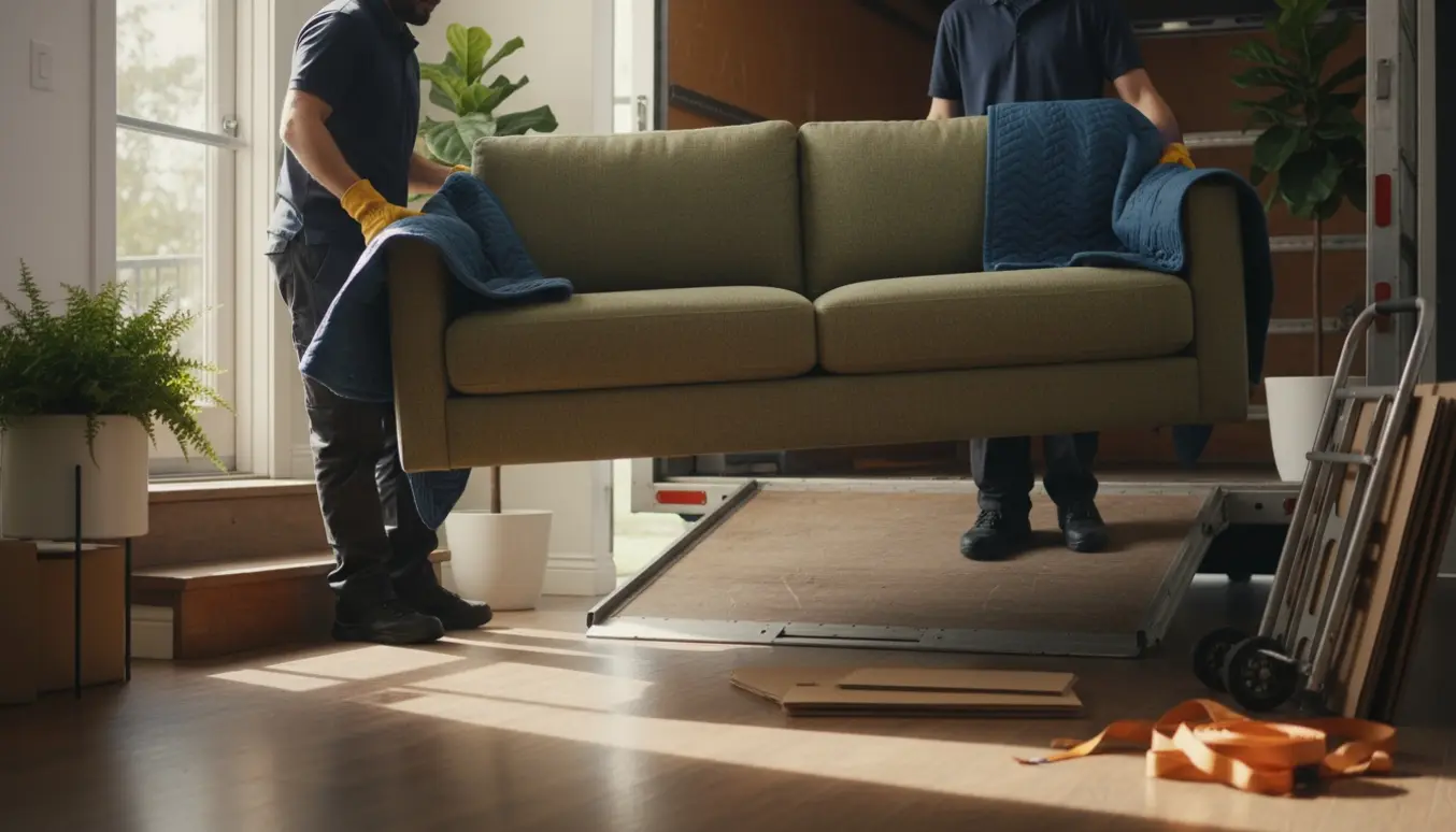 To personer bærer en sofa ud af en lejlighed mod en flyttebil på en solskinsdag.