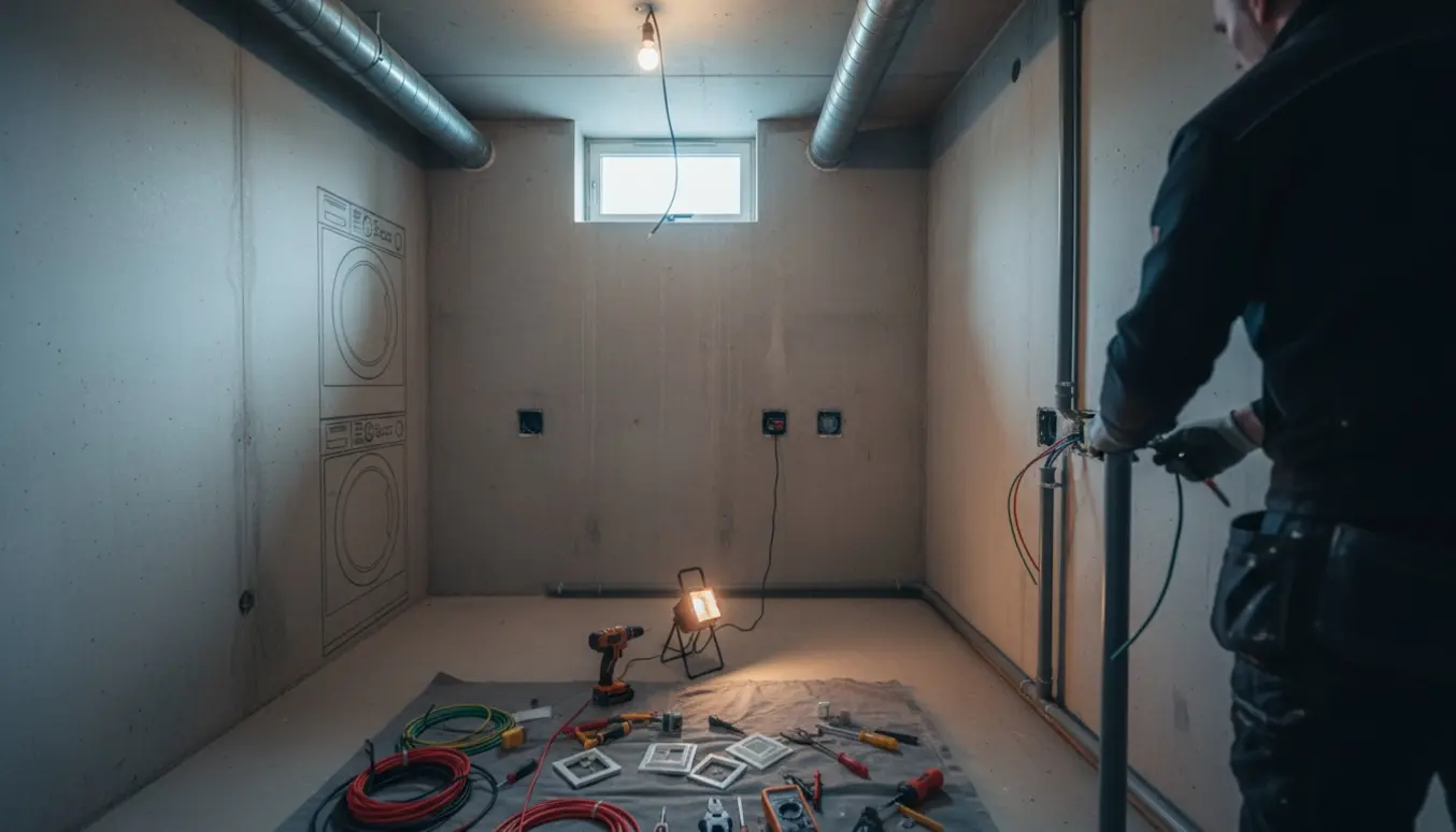 Kælderrum på Østerbro med elektriker, der trækker kabler og installerer stikkontakter til vaskesøjle og ventilation.