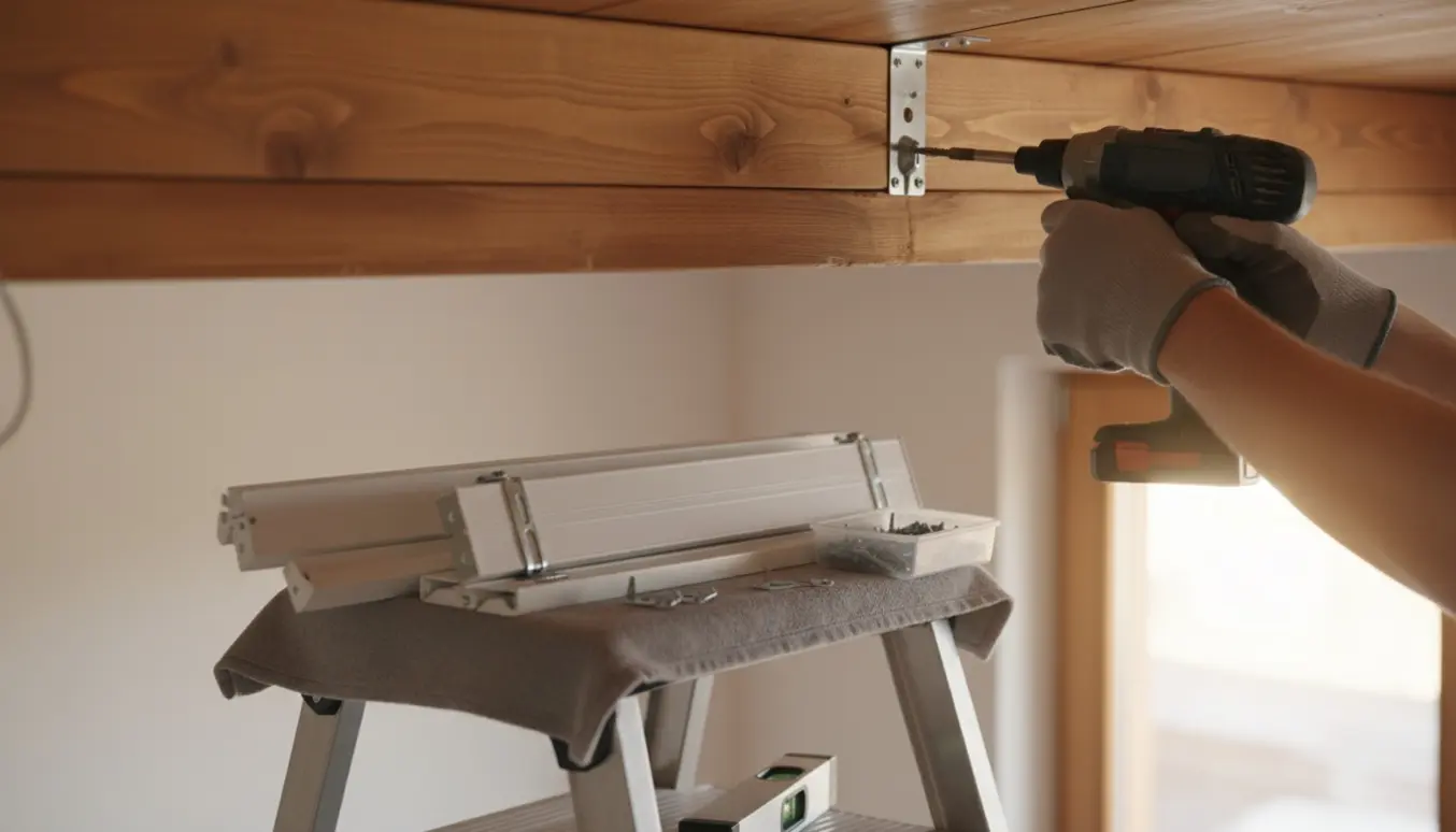 Hænder strammer skruer i et træloft og genmonterer en persienne.