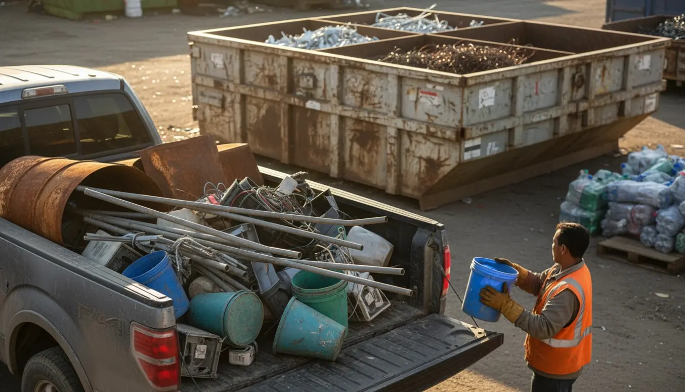 Pickup aflæsses med jern, plastspande og blandet affald ved en modtageplads, set bagfra.