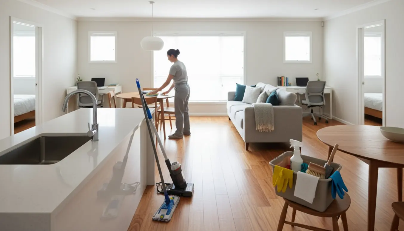 Solbelyst åben bolig med rengøringsudstyr og en rengøringsperson (uden synligt ansigt) der tørrer et bord af.