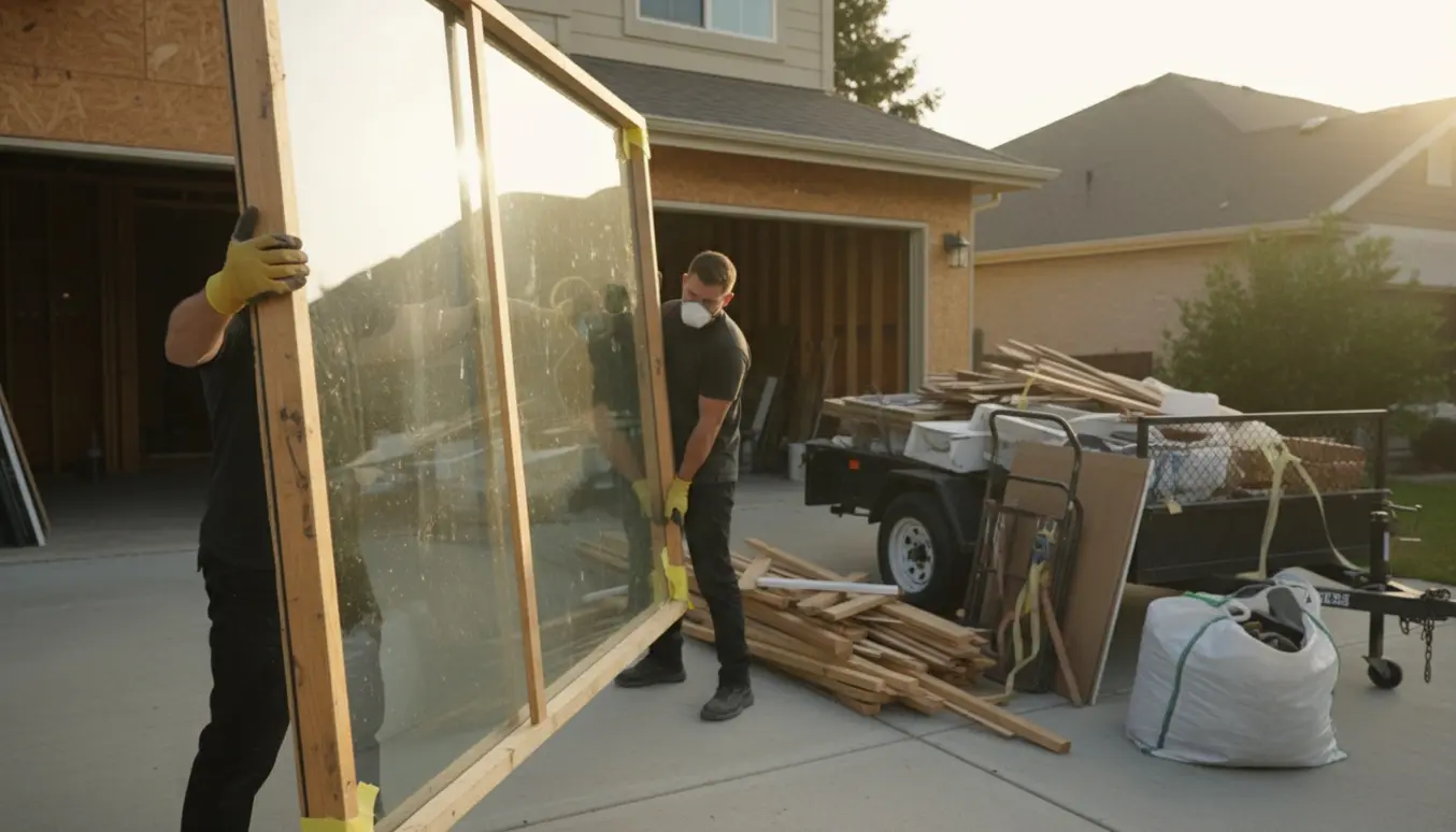 To personer bærer et stort glasparti mod en trailer fyldt med byggeaffald.