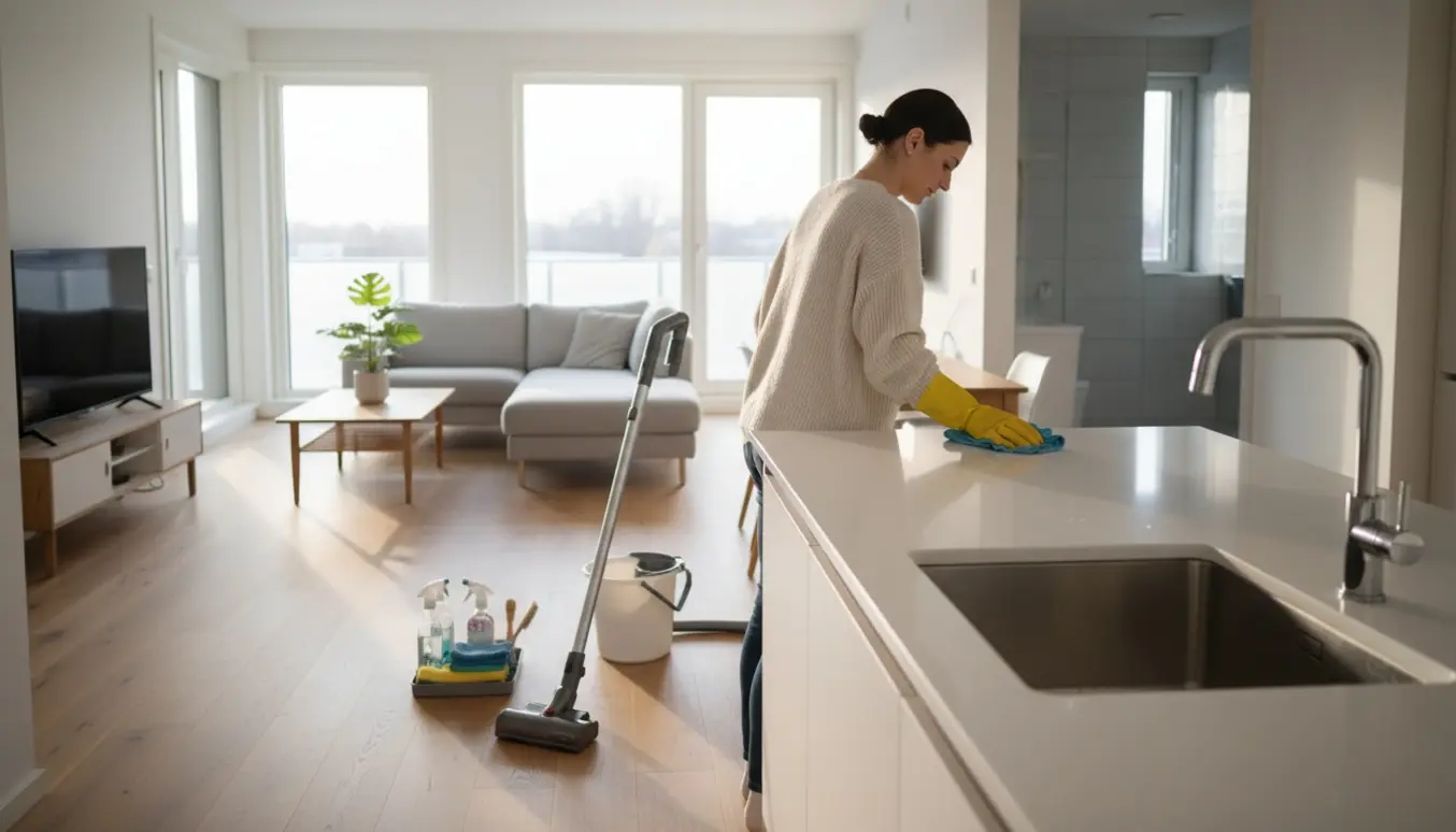 Renser i en lys, moderne lejlighed med støvsuger, klud og rengøringsdunk i forgrunden.