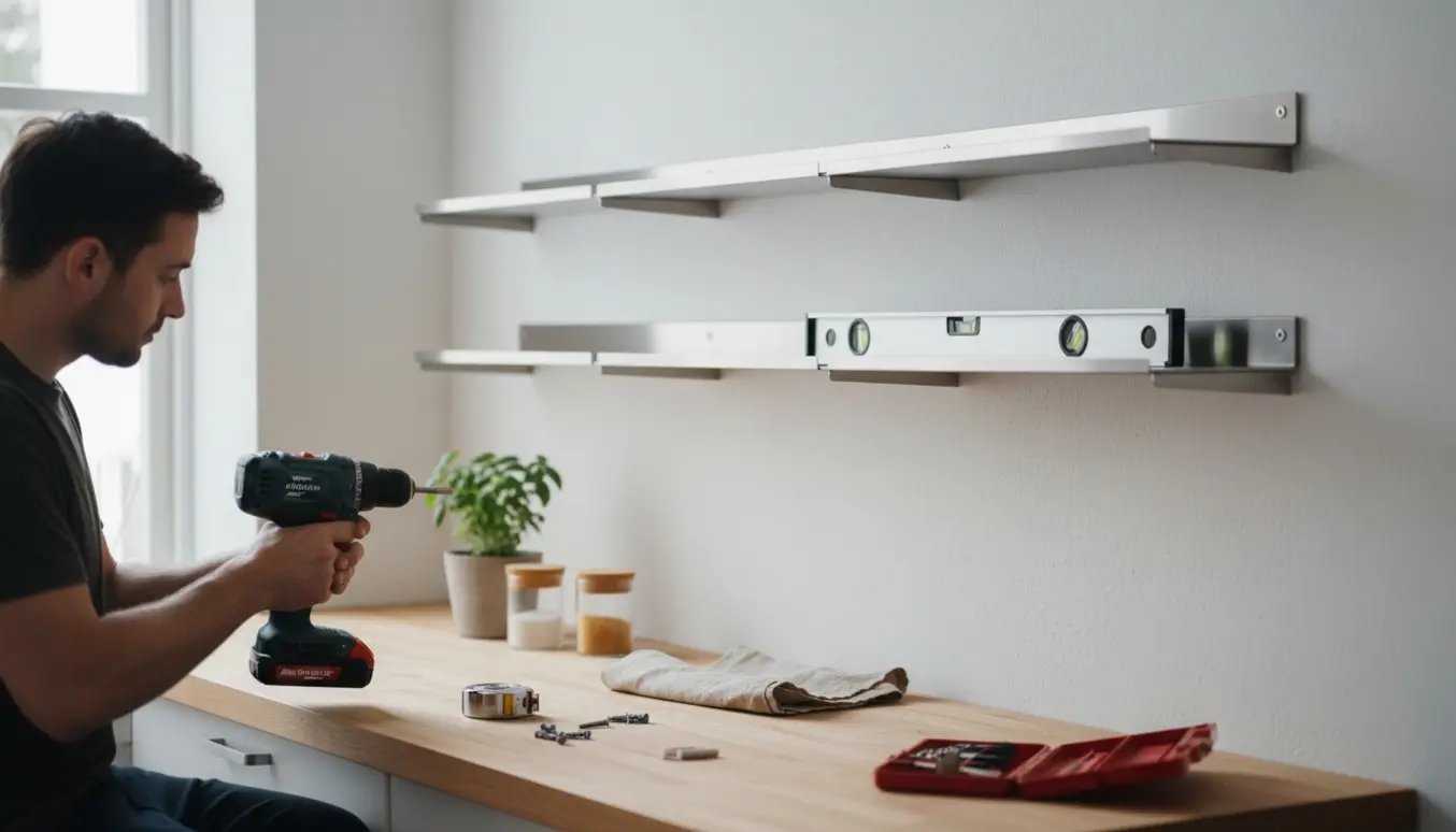 Hænder monterer fire 60 cm Kungsfors-hylder på en køkkenvæg med værktøj og vaterpas, ingen ansigter synlige.