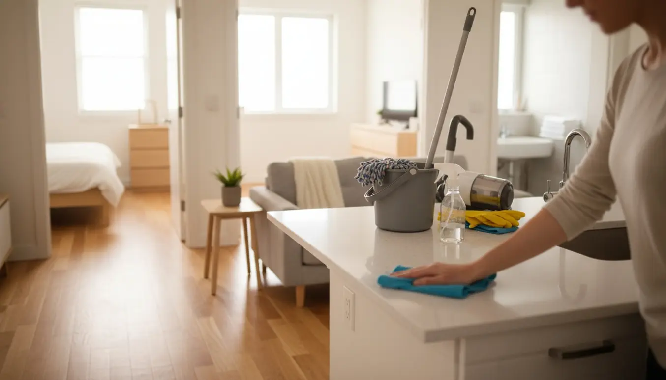 En rengøringshjælper tørrer en køkkenbordplade i en lys, ryddelig treværelses lejlighed med støvsuger og foldede håndklæder.