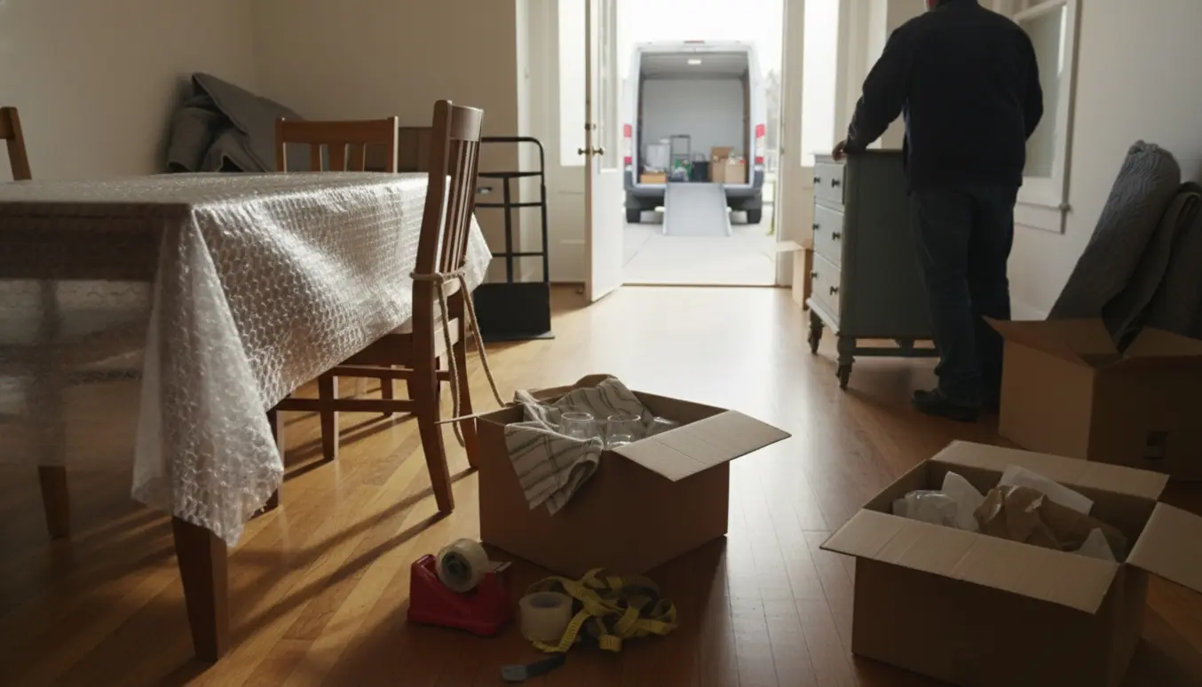 Spisebord, stole, skab og flyttekasser pakkes og bæres ud til en flyttevogn ved en ældre lejlighed.