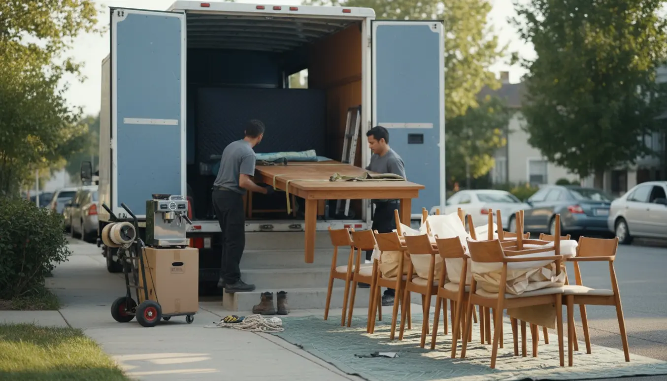 Flyttescene med to flyttemænd, et stort spisebord på dolly, stabler af stole og pakket kaffemaskine ved en varevogn og et par trappetrin.