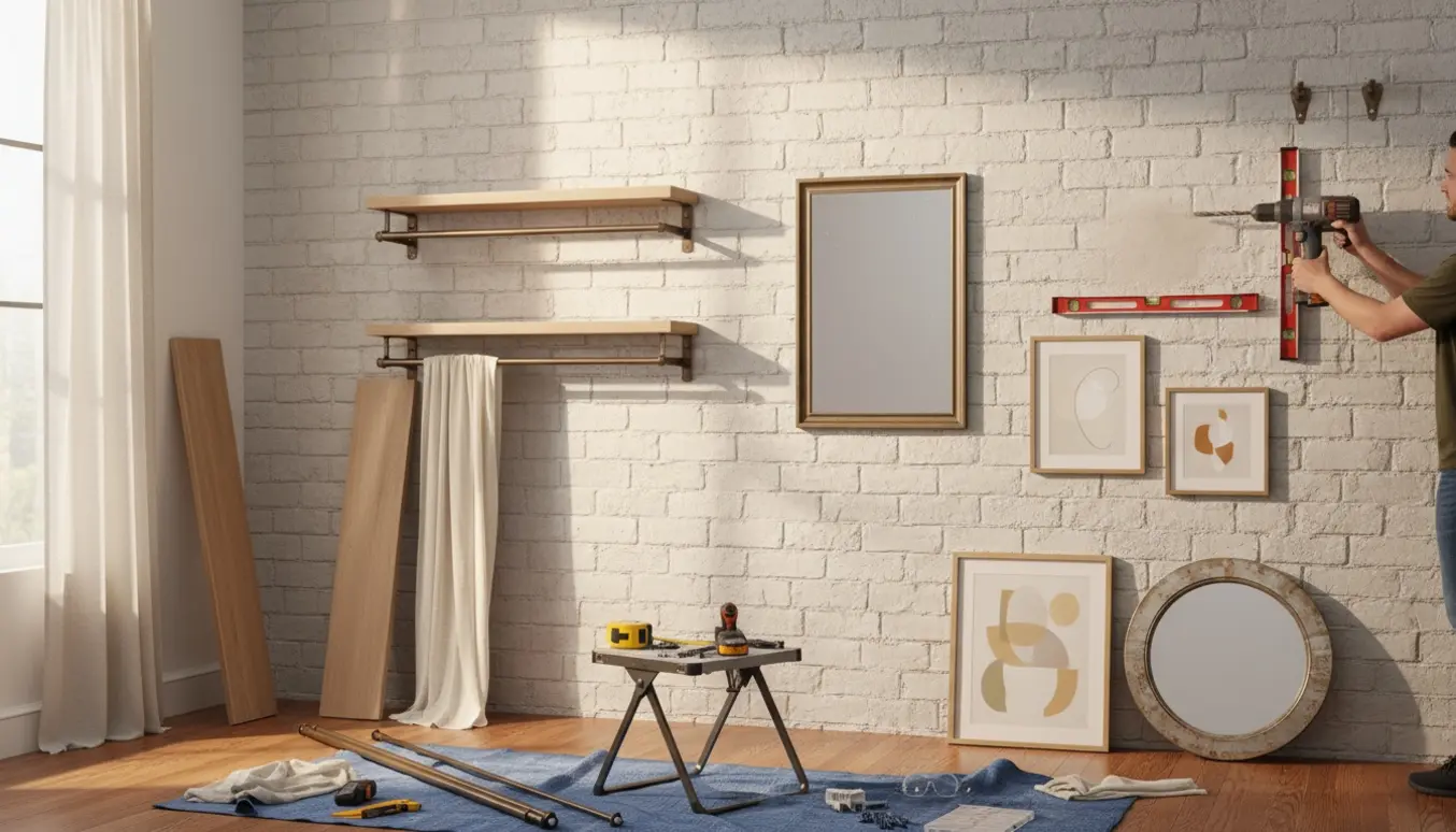 Hænder borer i en bærende væg med værktøj og hylder, gardiner og billeder klar til ophæng.