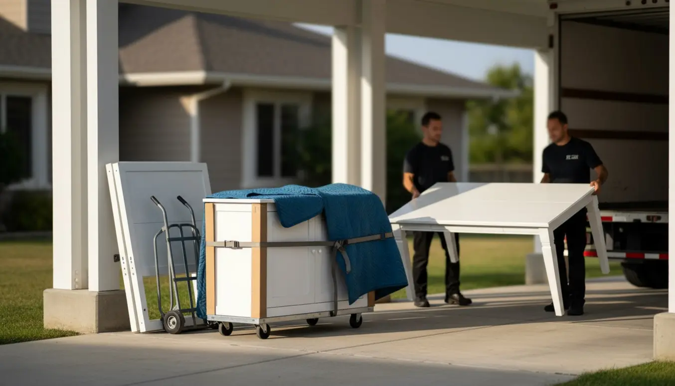 Hvidt spisebord, hvid skænk og enkeltseng under carport foran et hus klar til afhentning.