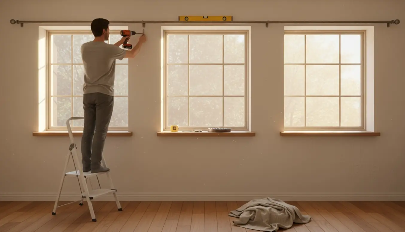 Hænder monterer gardinstænger ved tre vinduer med boremaskine og værktøj på en lys væg.