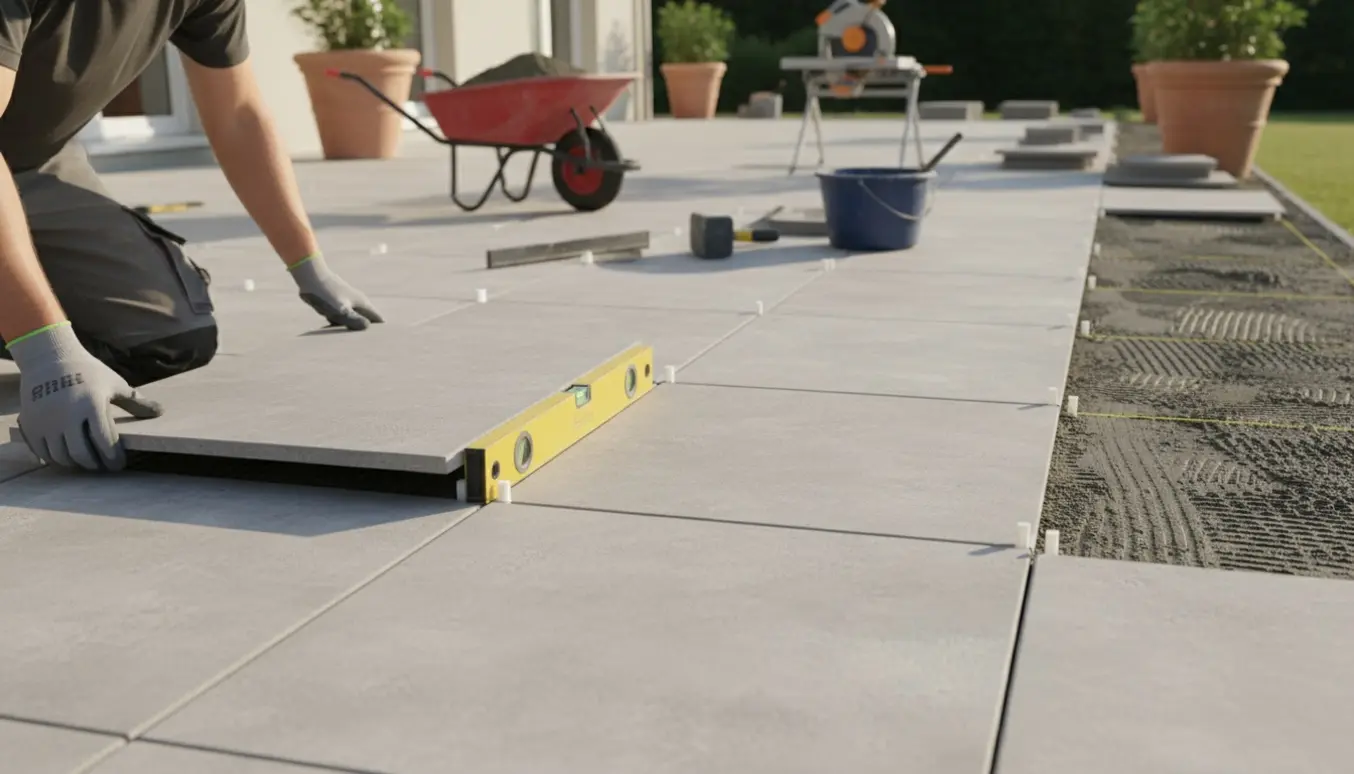 Hænder placerer en terrasseflise på mørtel med værktøj og niveau på en stor udendørs terrasse.