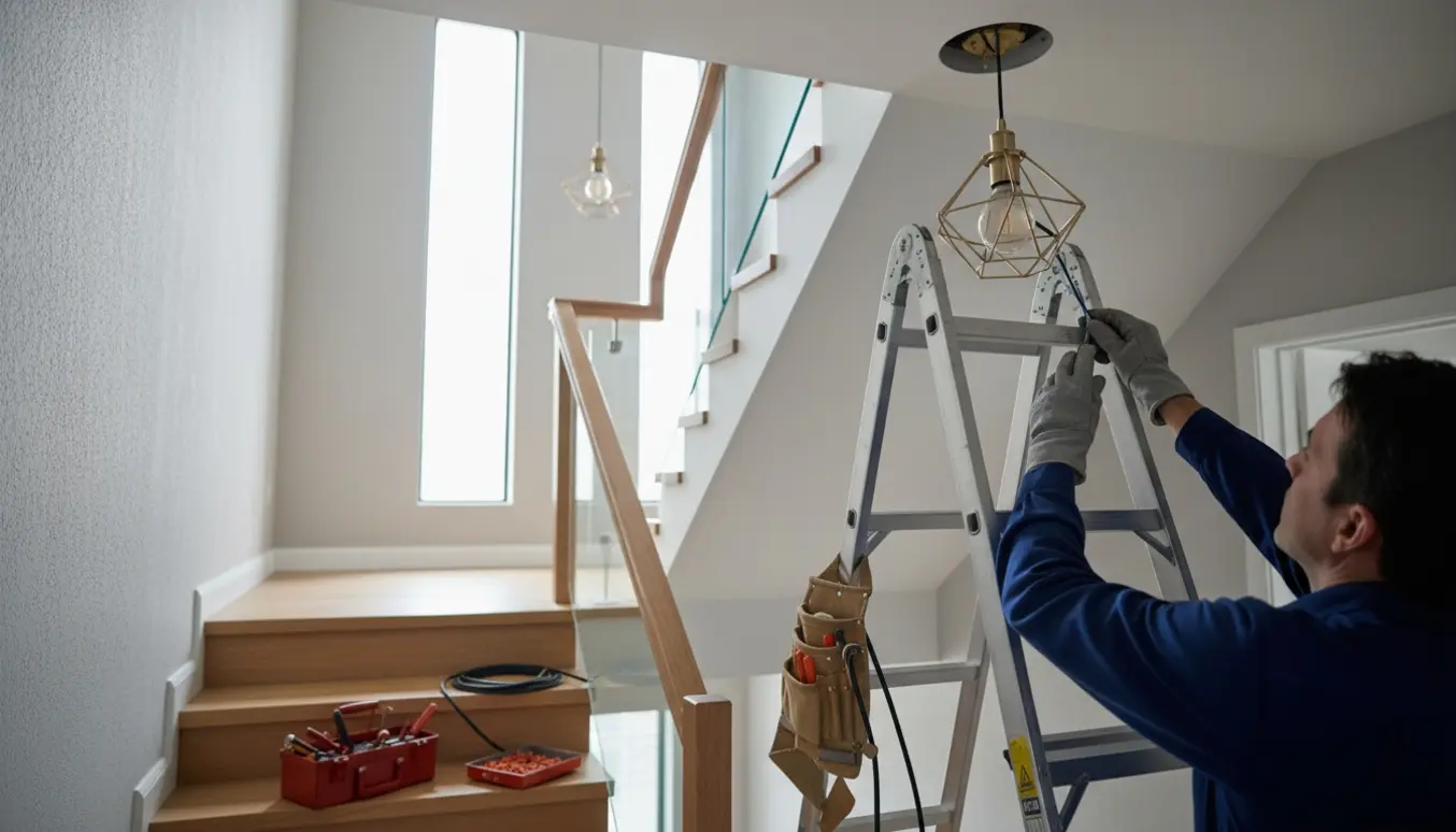 Elektriker hænger en lampe op over en trappe fra en høj justerbar stige, kun hænder og værktøj synlige.