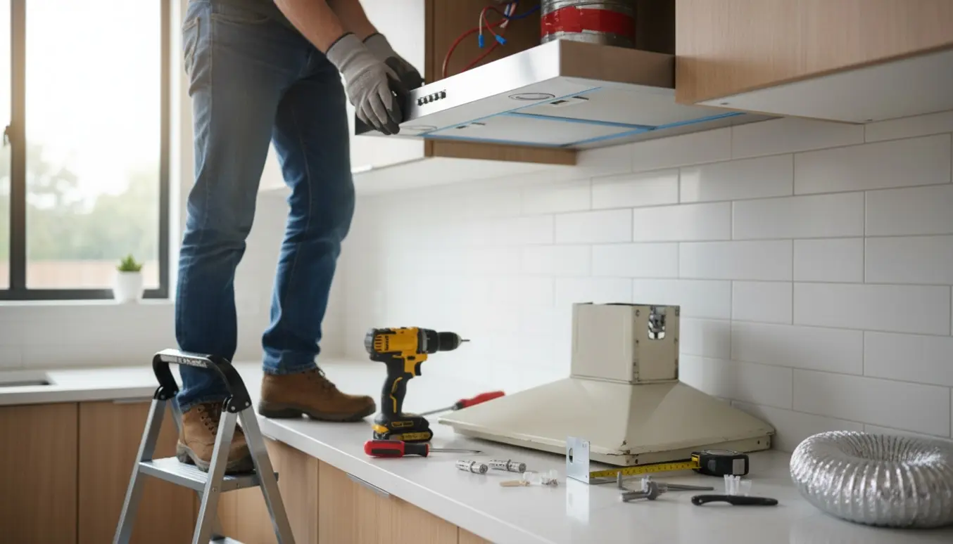 Installation af en ny rustfri stål-emhætte i et moderne køkken med værktøj og hænder synlige.