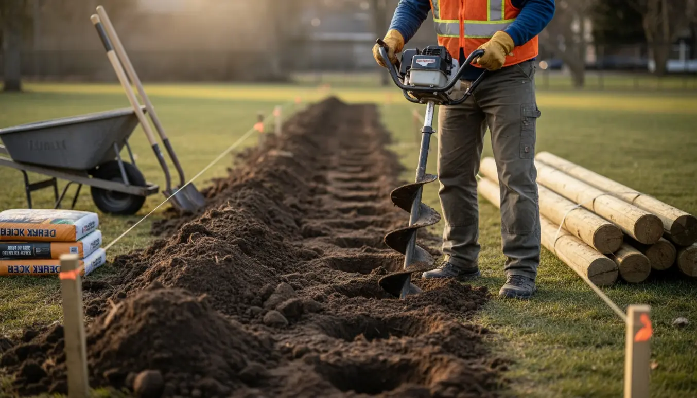 Række af nyligt gravede huller til hegn med jordbunker, værktøj og arbejdshænder i en have.