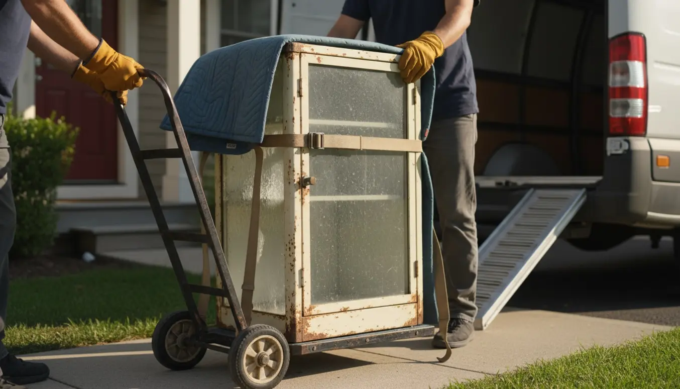 To personer flytter et gammelt stål- og glasskab forsigtigt på en flyttevogn foran en varevogn.