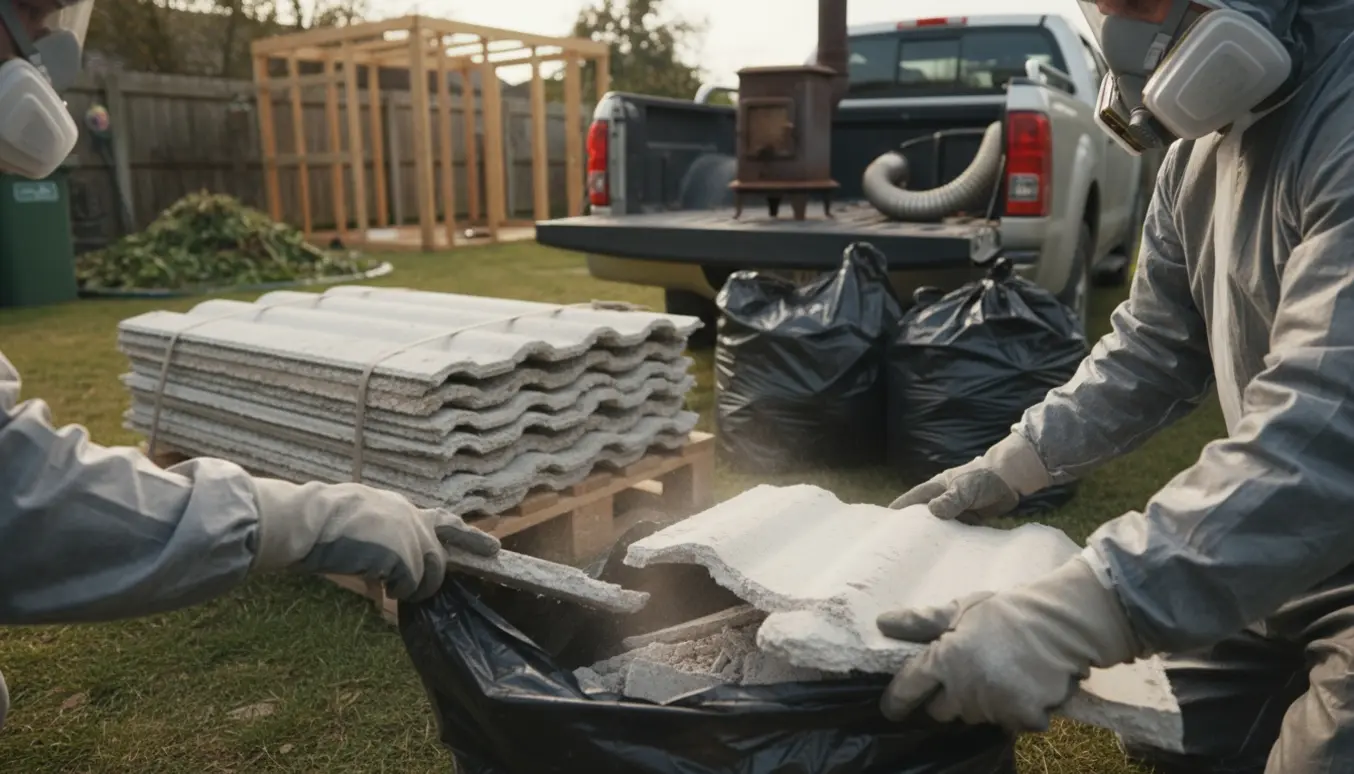 Personer i beskyttelsesdragt pakker knuste eternitplader i kraftige plastikposer ved et nedrevet skur klar til bortkørsel.