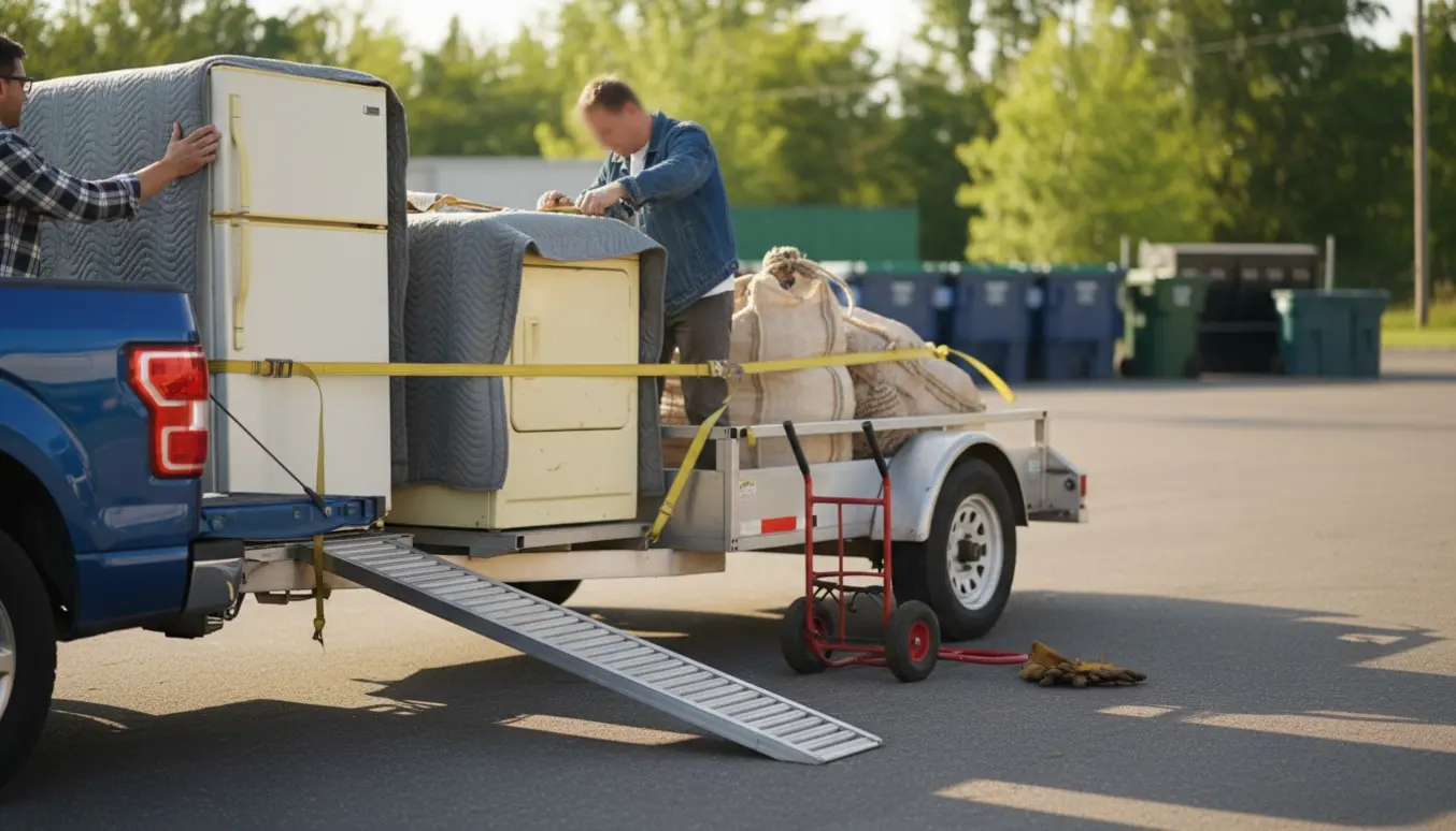 Køleskab, tørretumbler og en sæk med tæppe læsset og sikret på en trailer klar til genbrugsstationen.