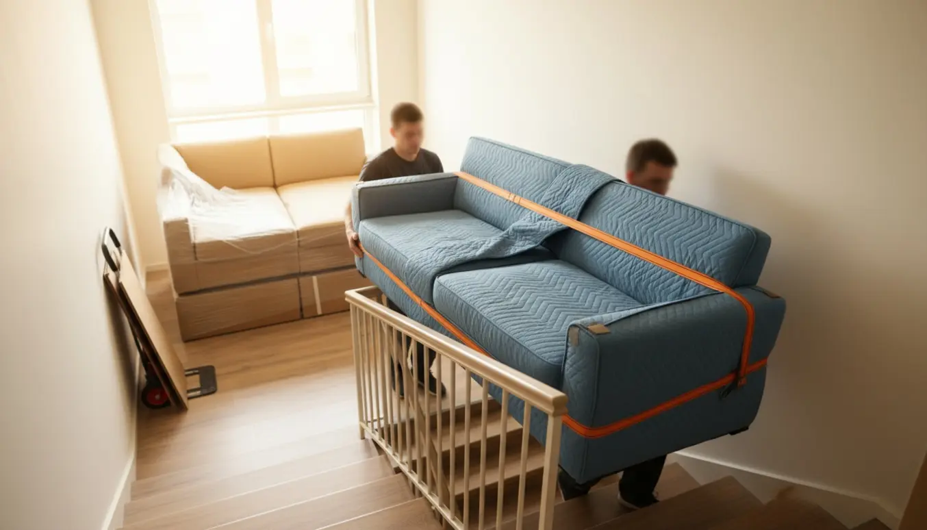 To personer bærer sofaens tre dele op ad en trappe, mens de gamle afmonterede dele er pakket klar på reposen.